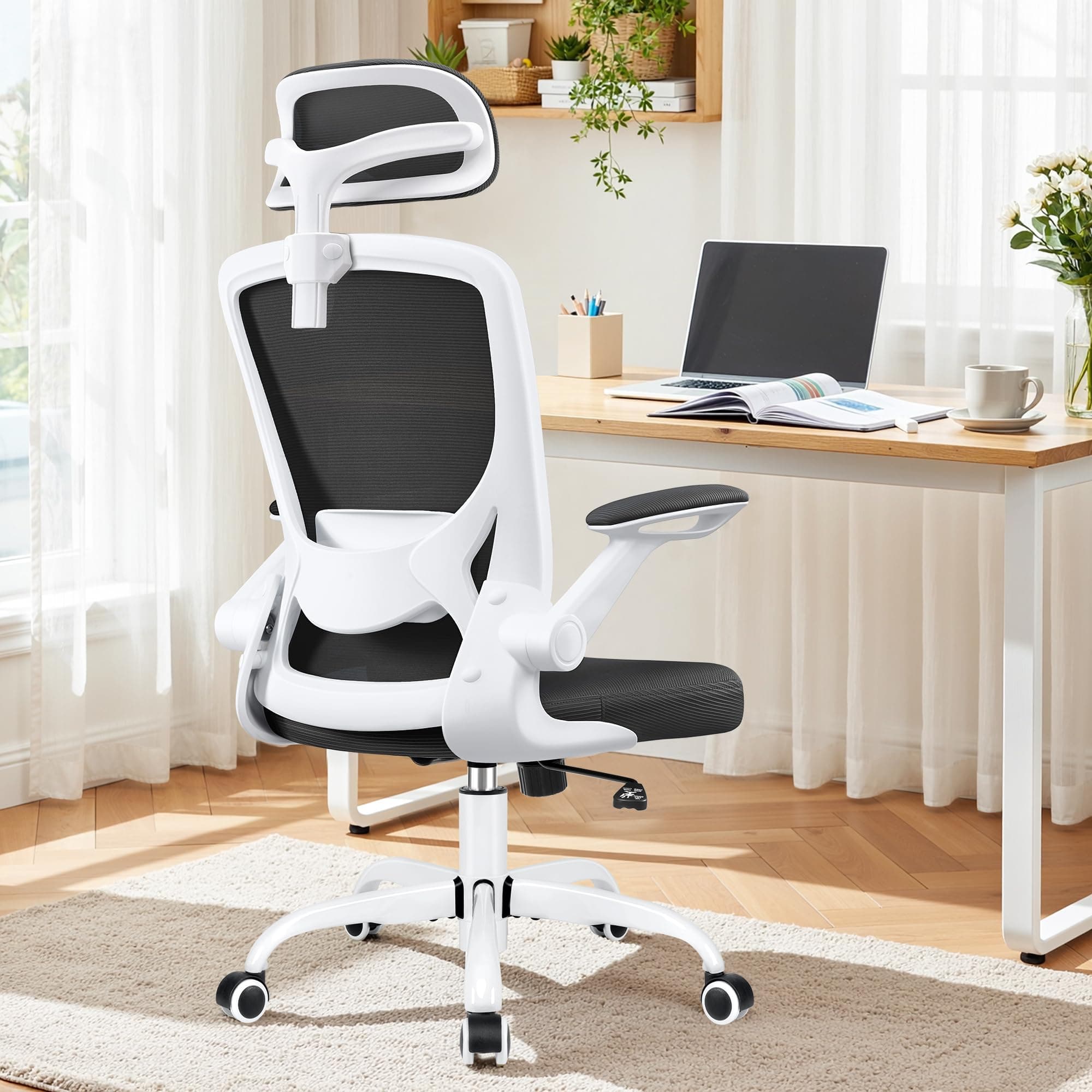 BESTFAIR High Back Office Chair, Mesh Ergonomic Office Chairs with Adjustable Headrest and Lumbar Support, Flip-up Arms, Swivel Desk Chair for Gaming, Adjustable Height, White
