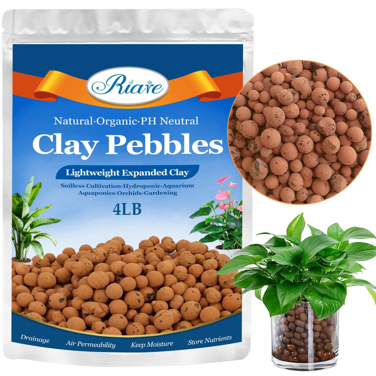 Riare 4LB Organic Leca Clay Pebbles for Plants, 4-16mm Drainage Leca Balls