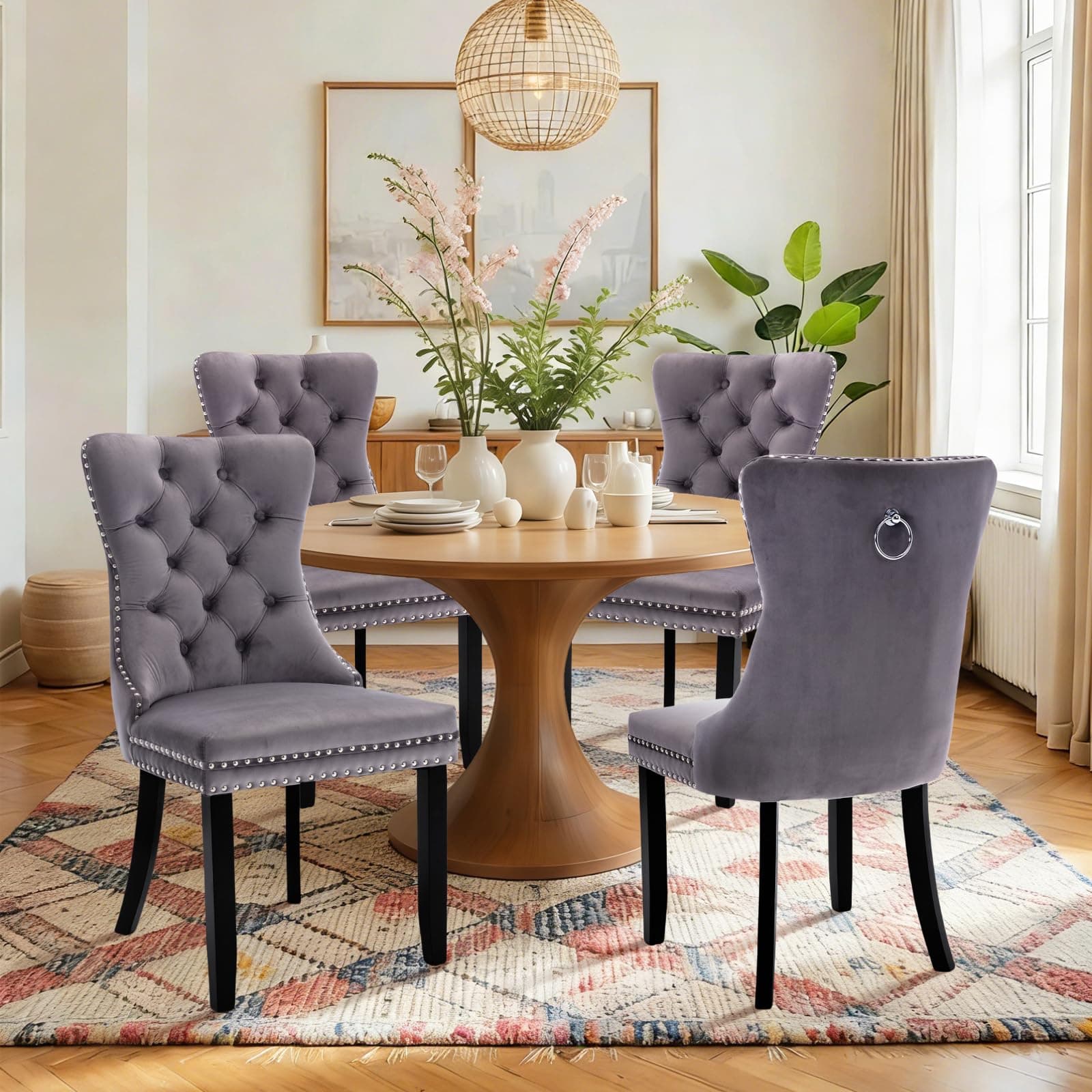 VICBARLEY Velvet Dining Chairs Set of 4 Tufted Kitchen Chair Wood Legs,Grey