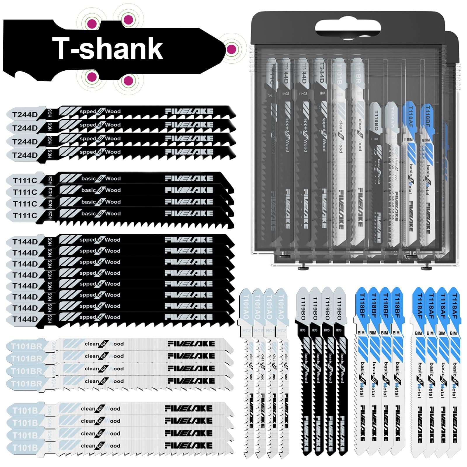 T-Shank Jigsaw Blades Set with Case, 40Pcs Assorted Replacement Jigsaw Blades for Wood, Plastic and Metal Cutting (T118AF, T118BF, T101AO, T119BO, T101B, T101BR, T111C, T244D, T144D)