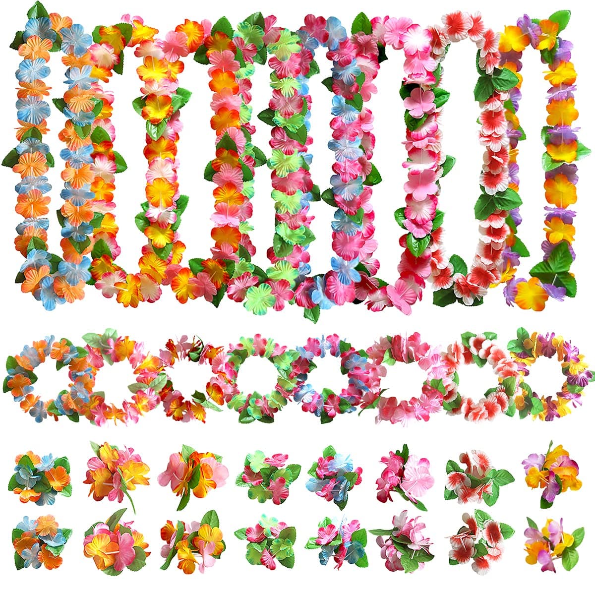 32pcs Hawaiian Leis Party Decorations, Necklace Flowers Bracelets Headband, Tropical Hawaiian Party Night Bar Vacation