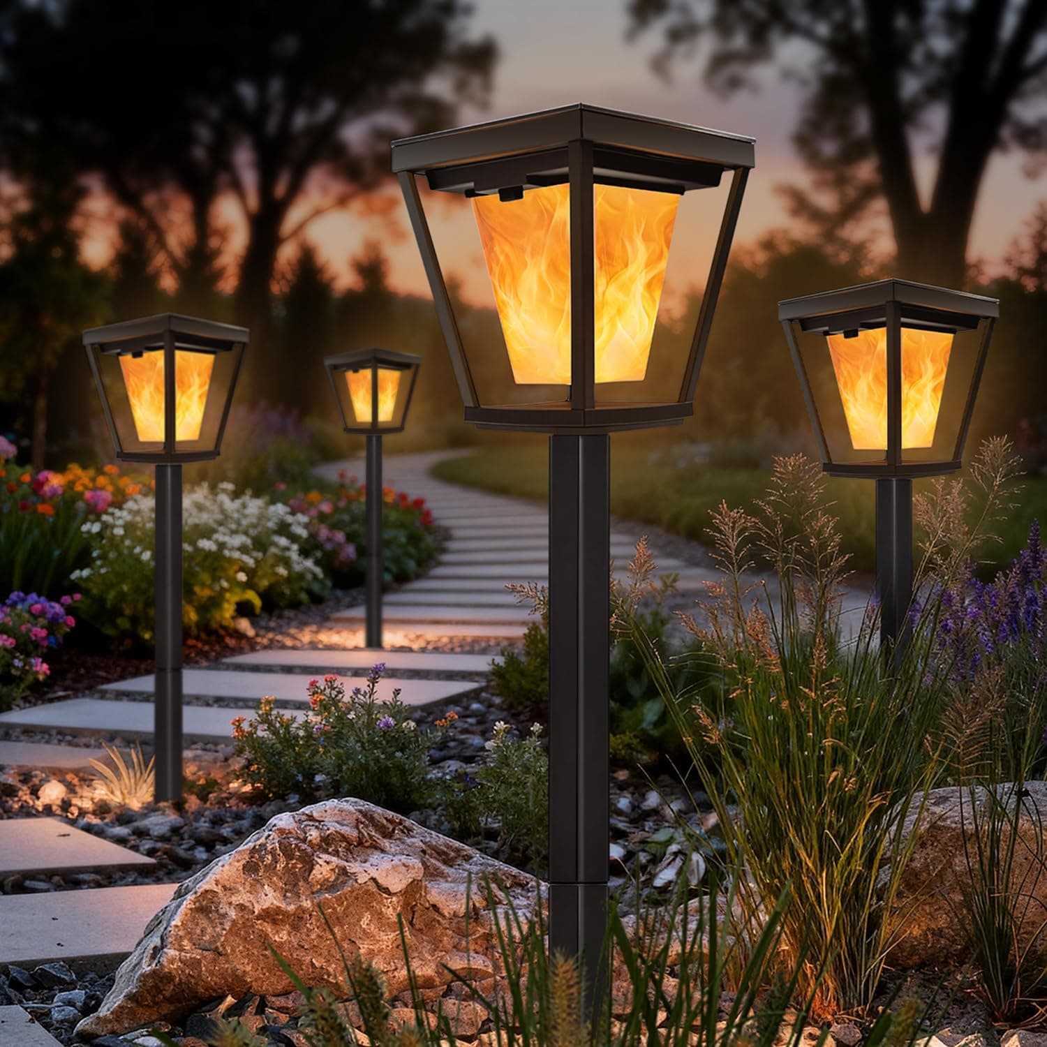 BRIMAX Flickering Flame Solar Pathway Light Outdoor,4 Pack,Amber Light,IP65