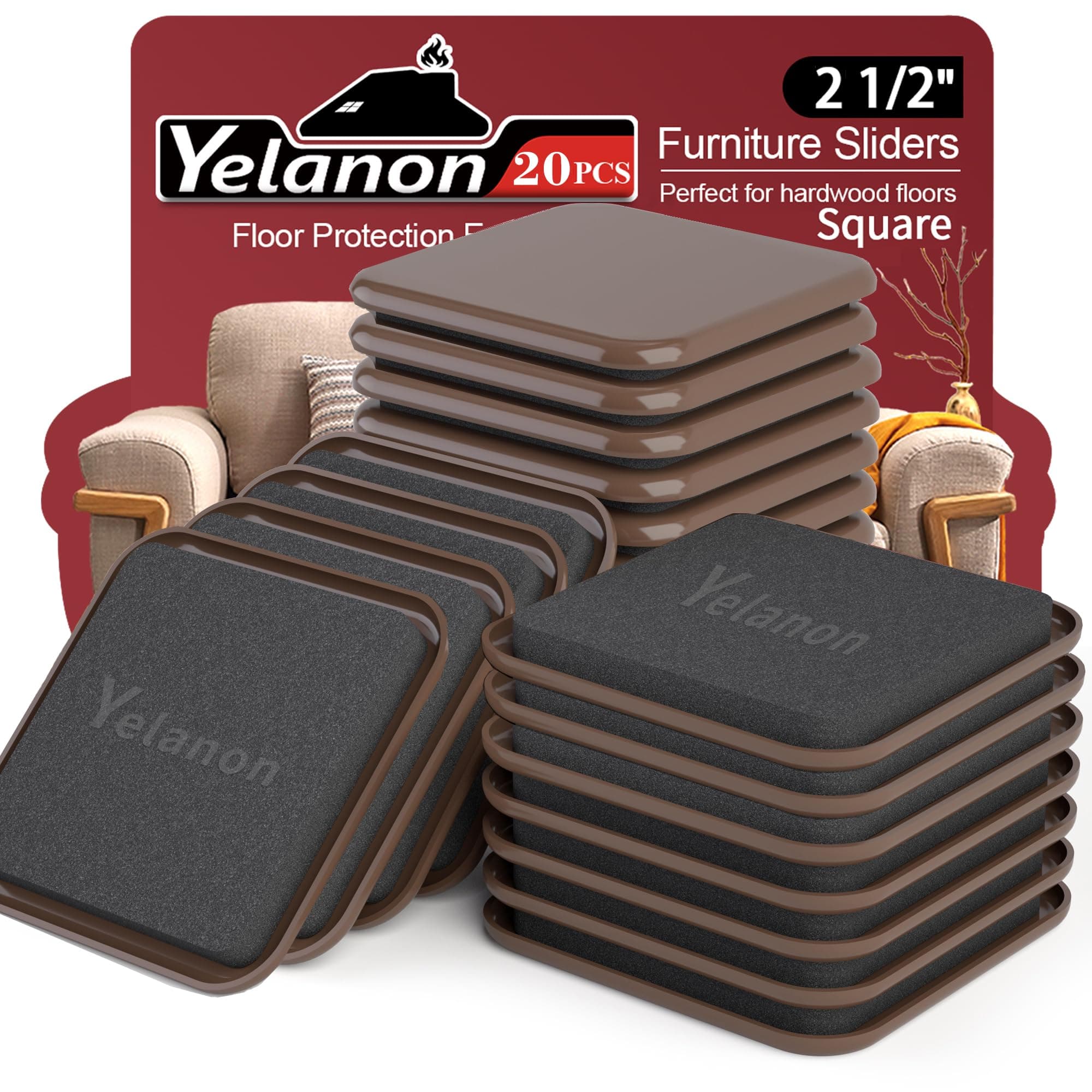 Yelanon Square Furniture Sliders – 20 PCS 2.5" Floor Protectors for Furniture – Strong Furniture Movers Sliders – Protects Floors from Scratches