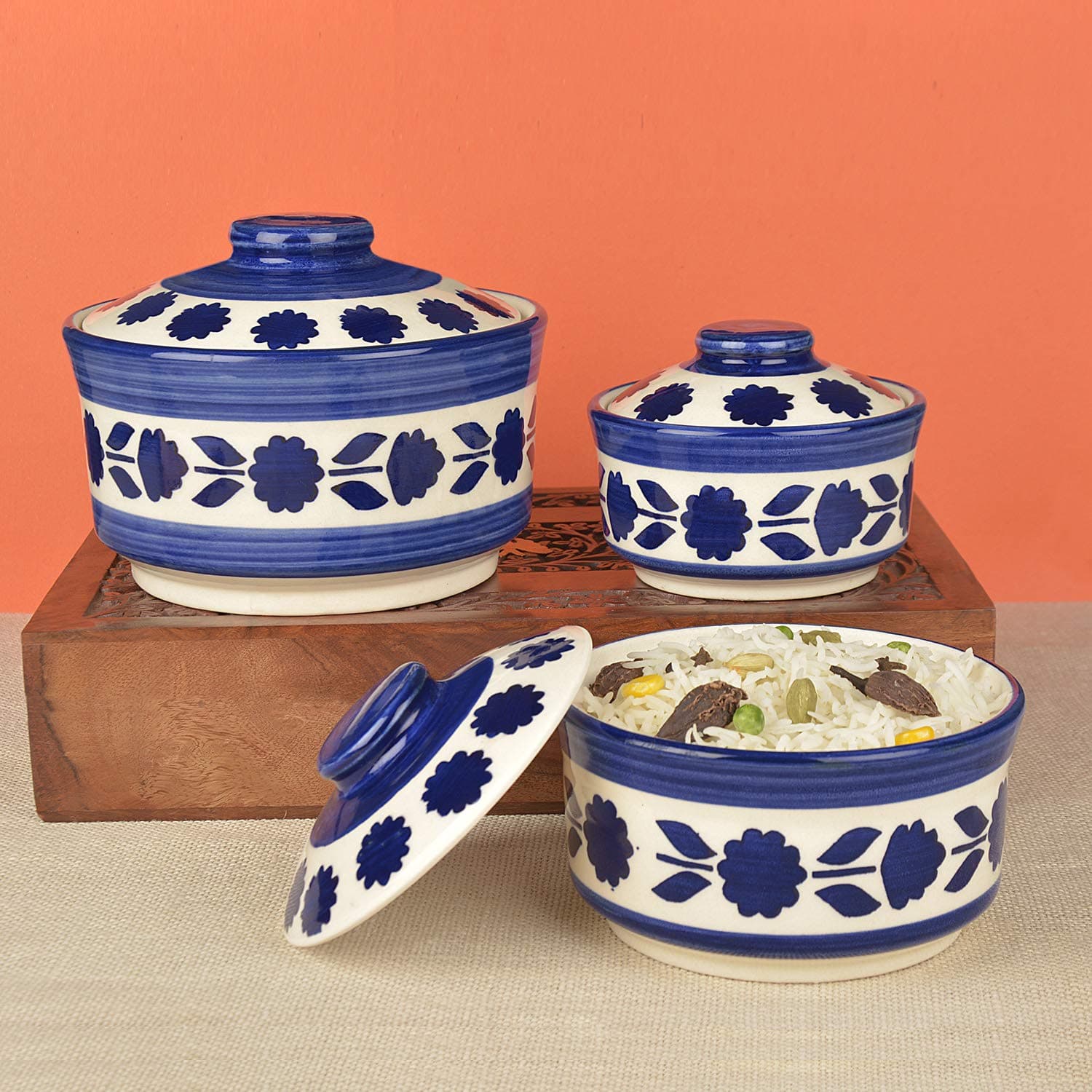 StyleMyWay Studio Pottery Handpainted Ceramic Serving Donga with Lid Casserole Set (Set of 3, White and Blue) | Dinner Serving Set | Stackable Kitchen Bowl Set