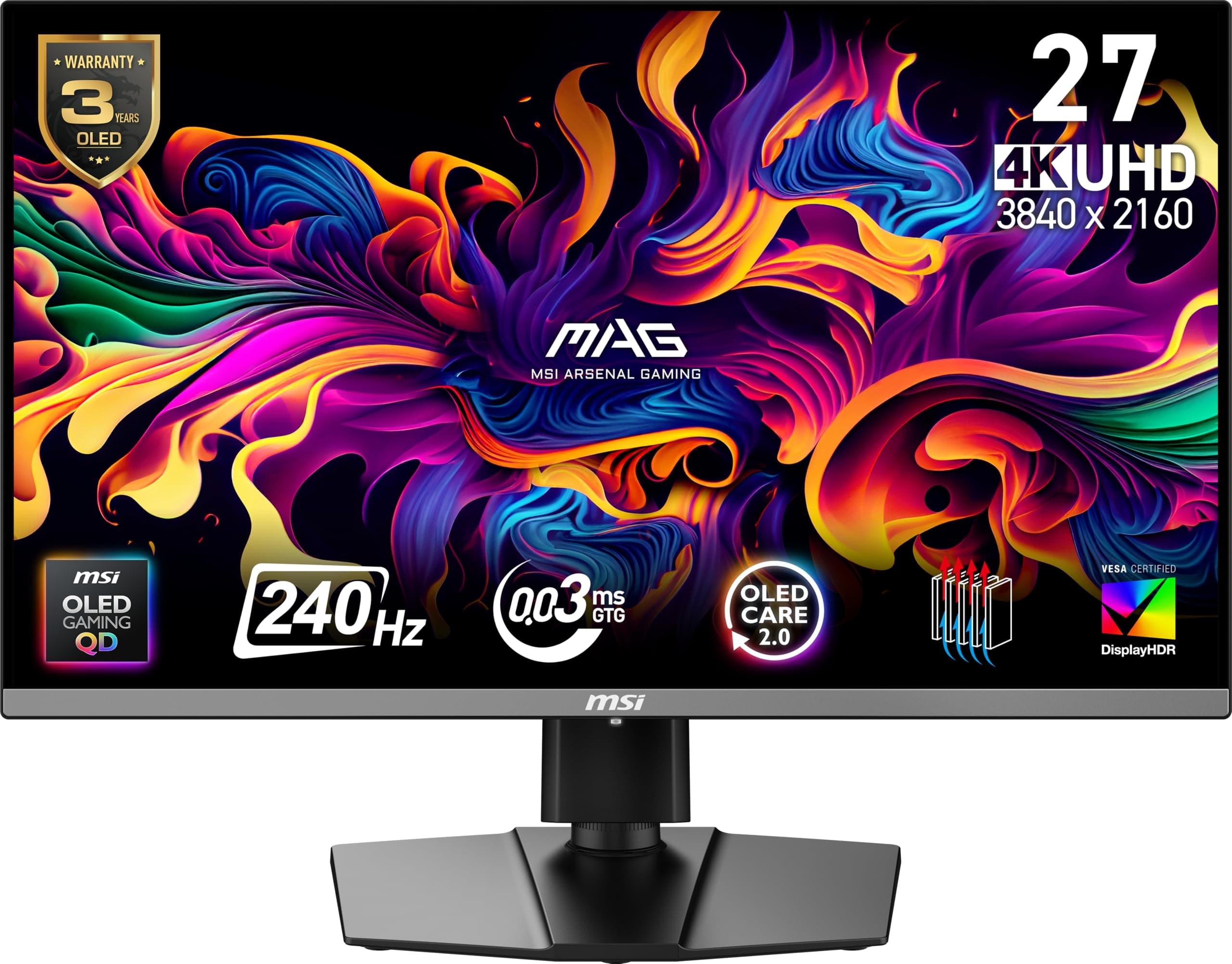 msi MAG 272UP QD-OLED X24 27-Inch 4K UHD Gaming Monitor, 3840 x 2160, Quantum Dot OLED Panel, 240Hz, 0.03ms, DisplayHDR True Black 400, AMD FreeSync™ Premium Pro, USB C (15W PD), Frame-Less, Black