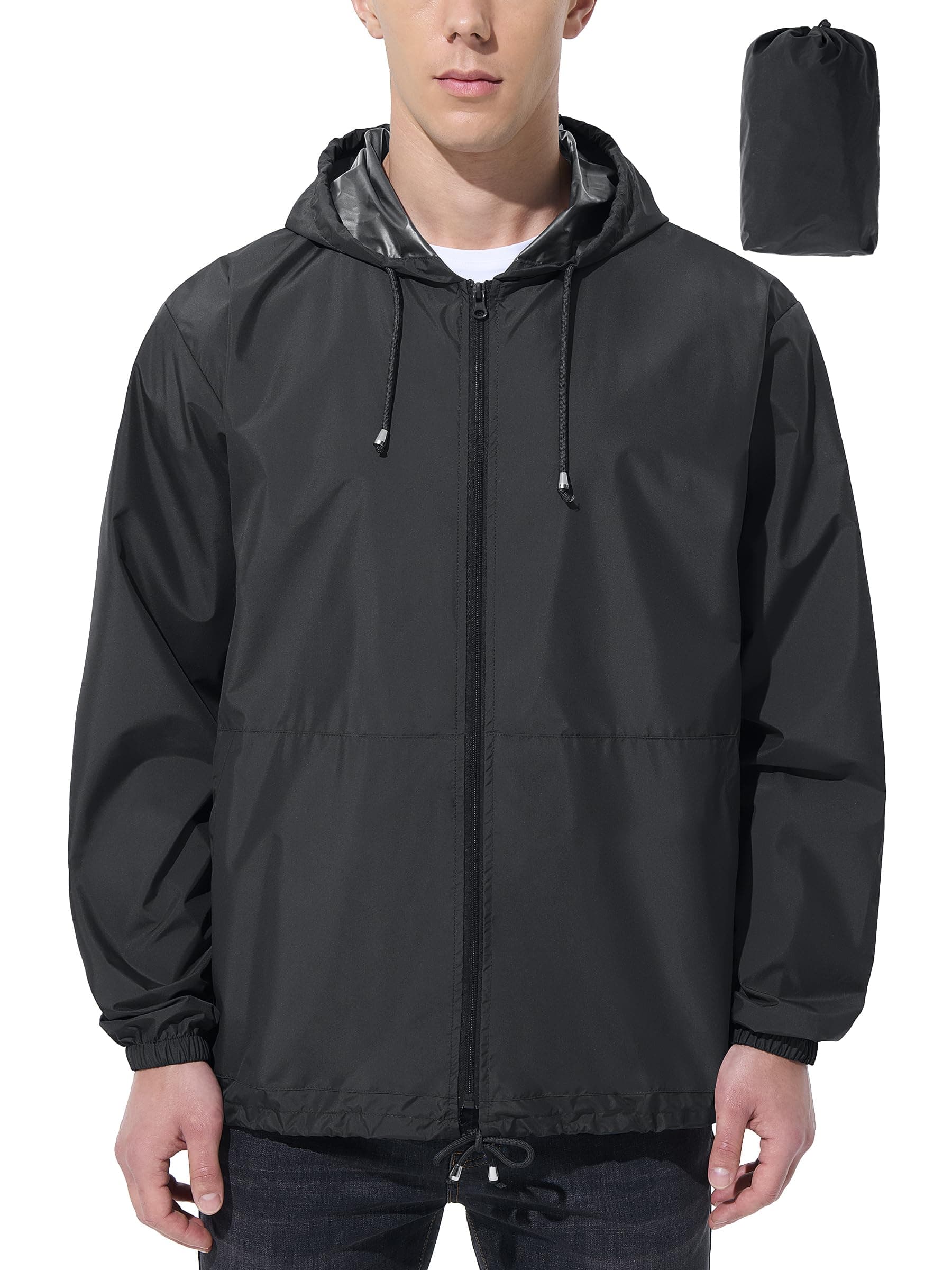 UIQUR Mens Rain Jacket Raincoat Windbreaker Running Waterproof Lightweight Packable with Hood Travel Hiking Cycling Black 3XL
