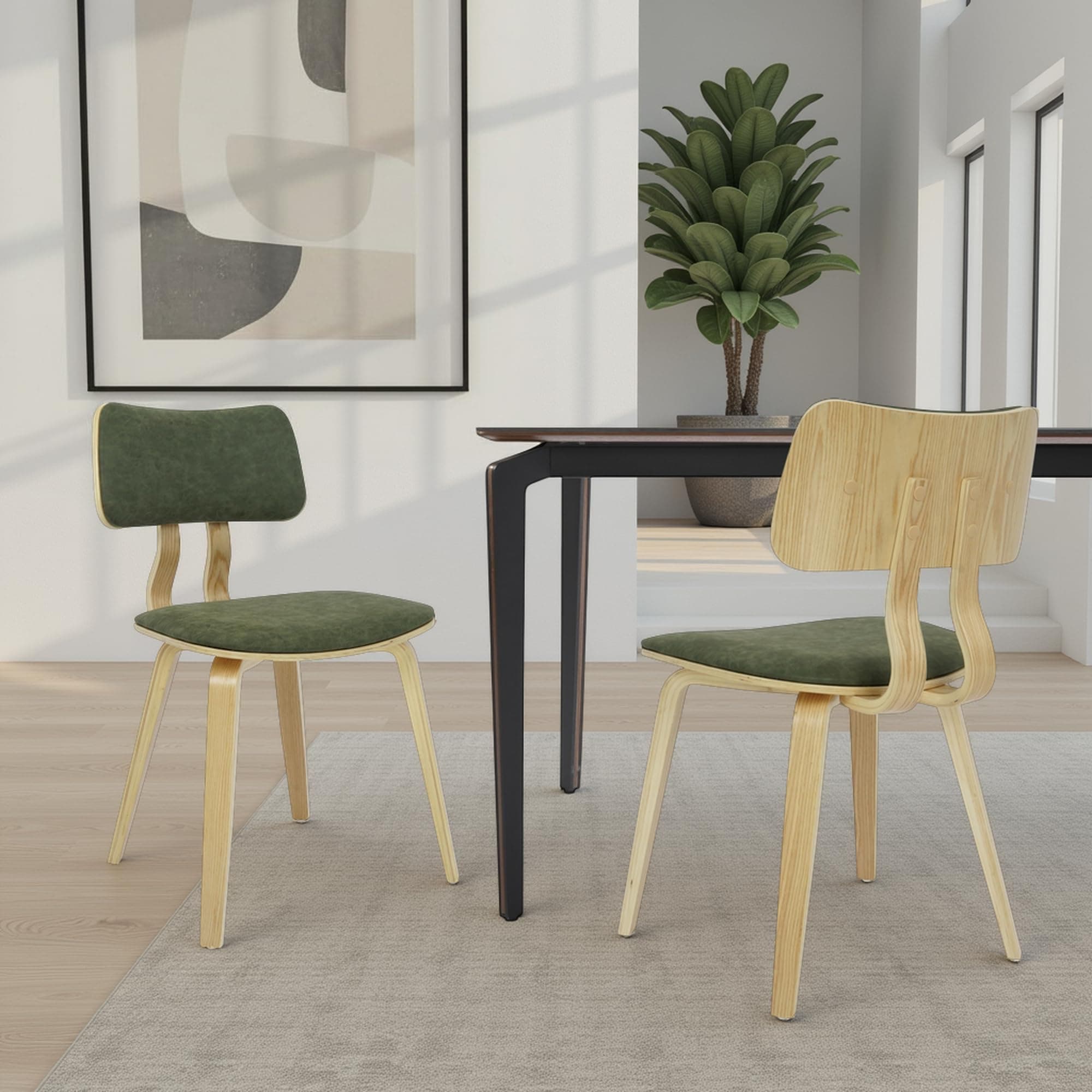 Jaguar Vintage Green Curved Back Wood Dining Chair with Faux Leather Seat Set of 2