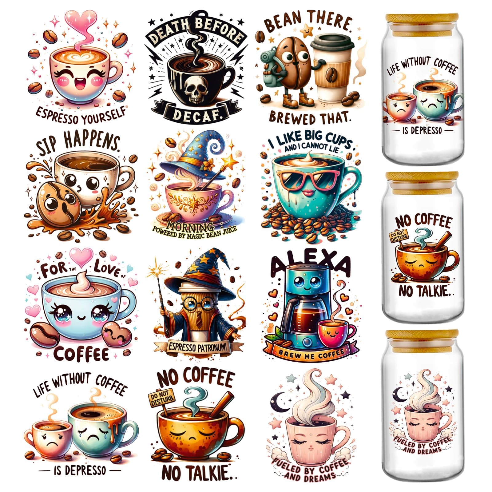 Cute Coffee UV DTF Stickers - 12 Sheets Life Without Coffee Uvdtf Tumbler Wraps for 16 oz Glass Cup, Funny Cups Sublimation Stickers Transfer Decals DIY Water Bottle Journal Bumper Creative Decoration