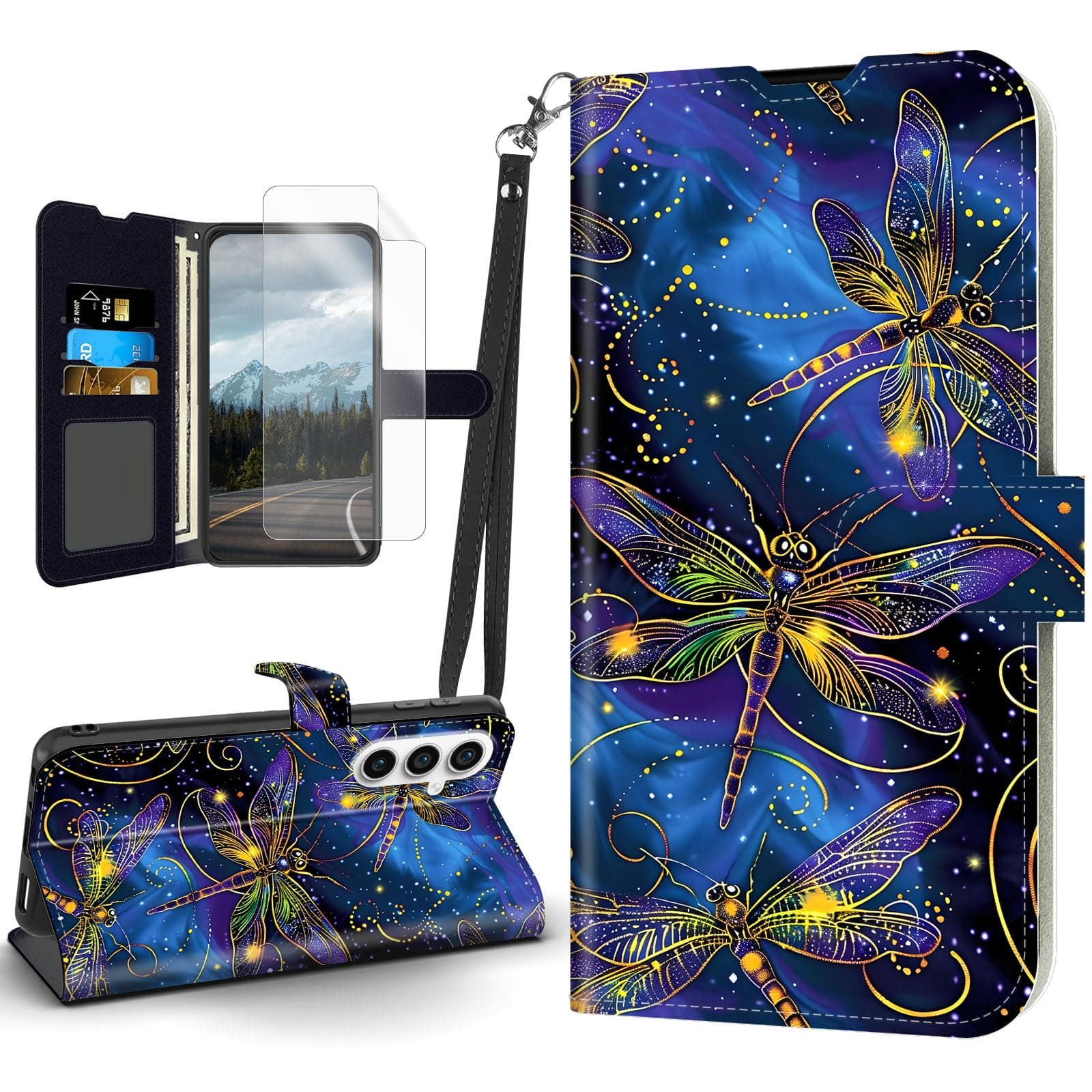 Tudguiloae for Samsung Galaxy S24 FE Case Dragonflies Flying Flip PU Leather Magnetic Clasp Cell Phone Wallet for Galaxy S24 FE 5G Kickstand Shockproof Cover Wristband Card Holder Slot Soft Film
