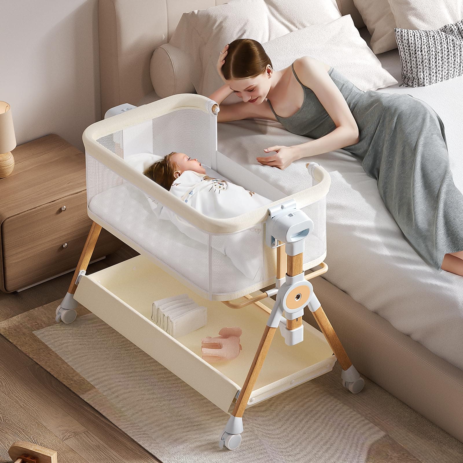 kingobabys 3 in 1 Baby Bassinet,Bedside/Rocking Bassinet for Baby,Bedside Crib with Lockable Wheels,Waterproof Mattress,Adjustable 6 Heights,Portable Baby Bassinets Bedside Sleeper (Beige)