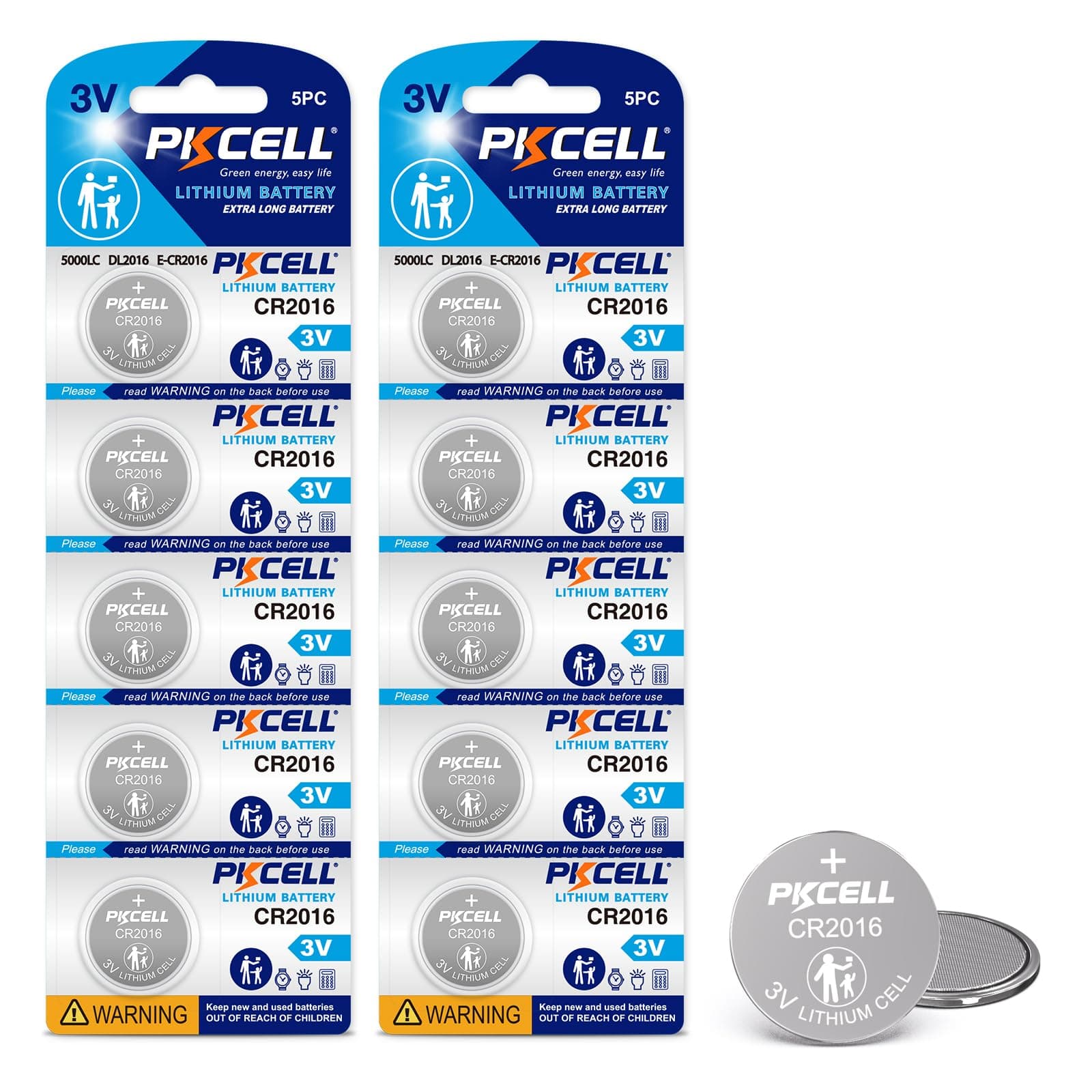 PKCELL CR2016 3V Lithium Battery for Car Key Fobs Door Openers (10 Pack)