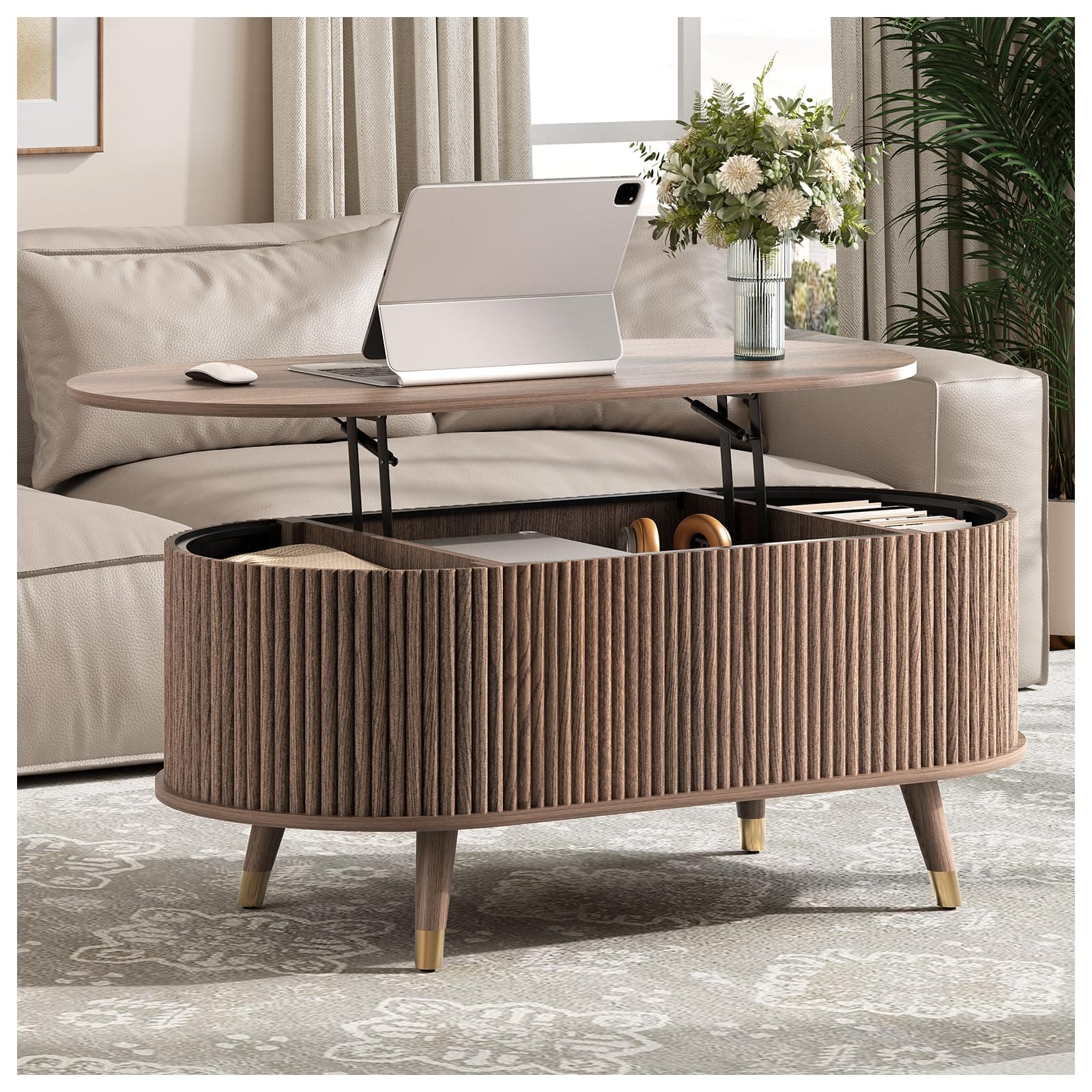 Vanvuson Oval Lift Top Coffee Table with Storage for Living Room,Walnut,43"