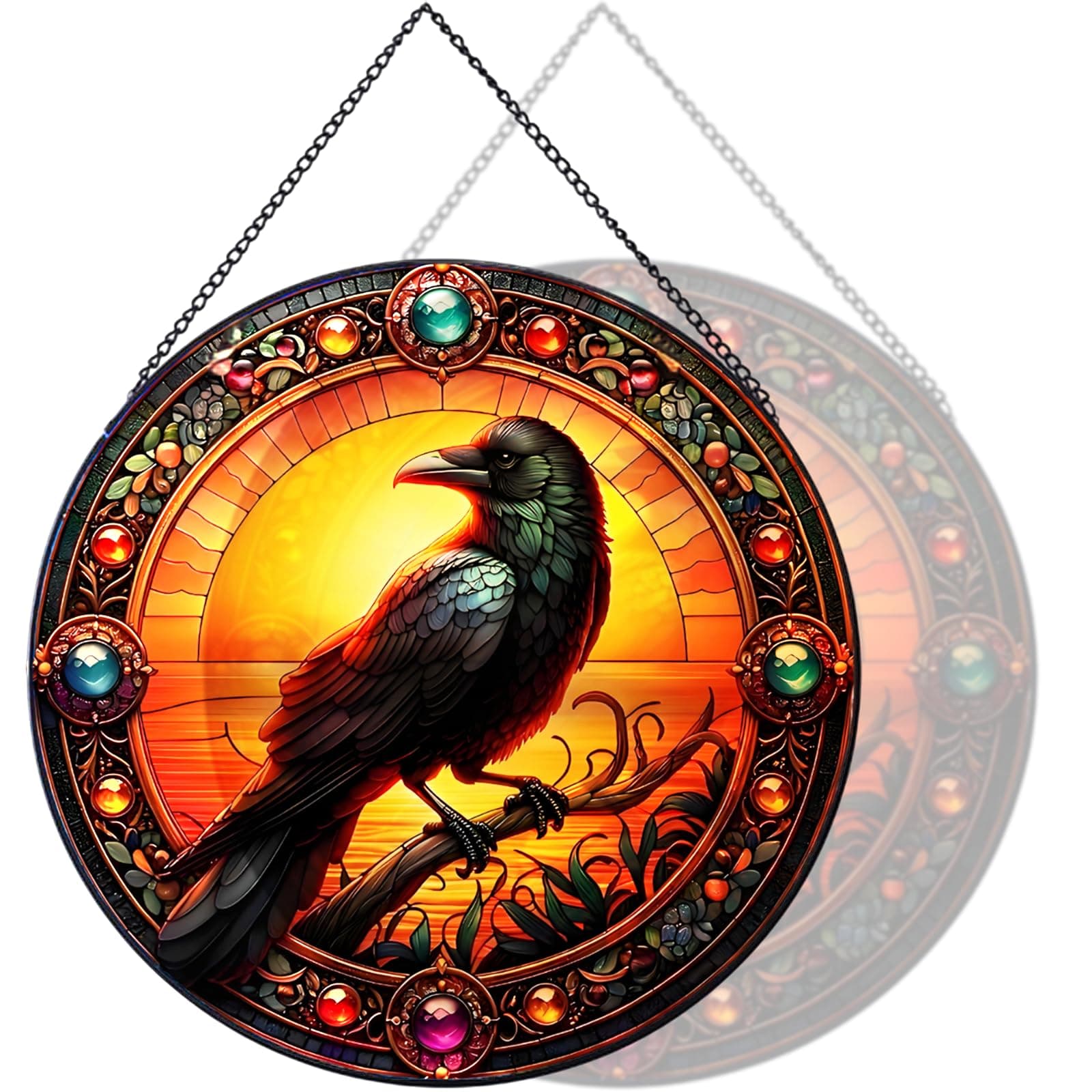 RIVEENY Crow Suncatcher Stained Glass, Stained Glass Window Hanging,Crow Wall Decor Bird Gifts for Bird Lovers, Halloween Fall Decor for Home, Cafe, Office 20cm/7.87inch