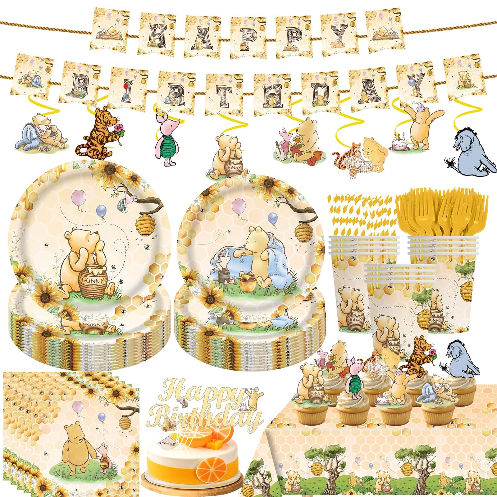 139 PCS Birthday Decorations All-in-One Tableware Kit with Banner, Cake Topper, Tablecloth, Plates and Napkins, for Boy First Birthday, Serves 20 Guests (YELLOW)