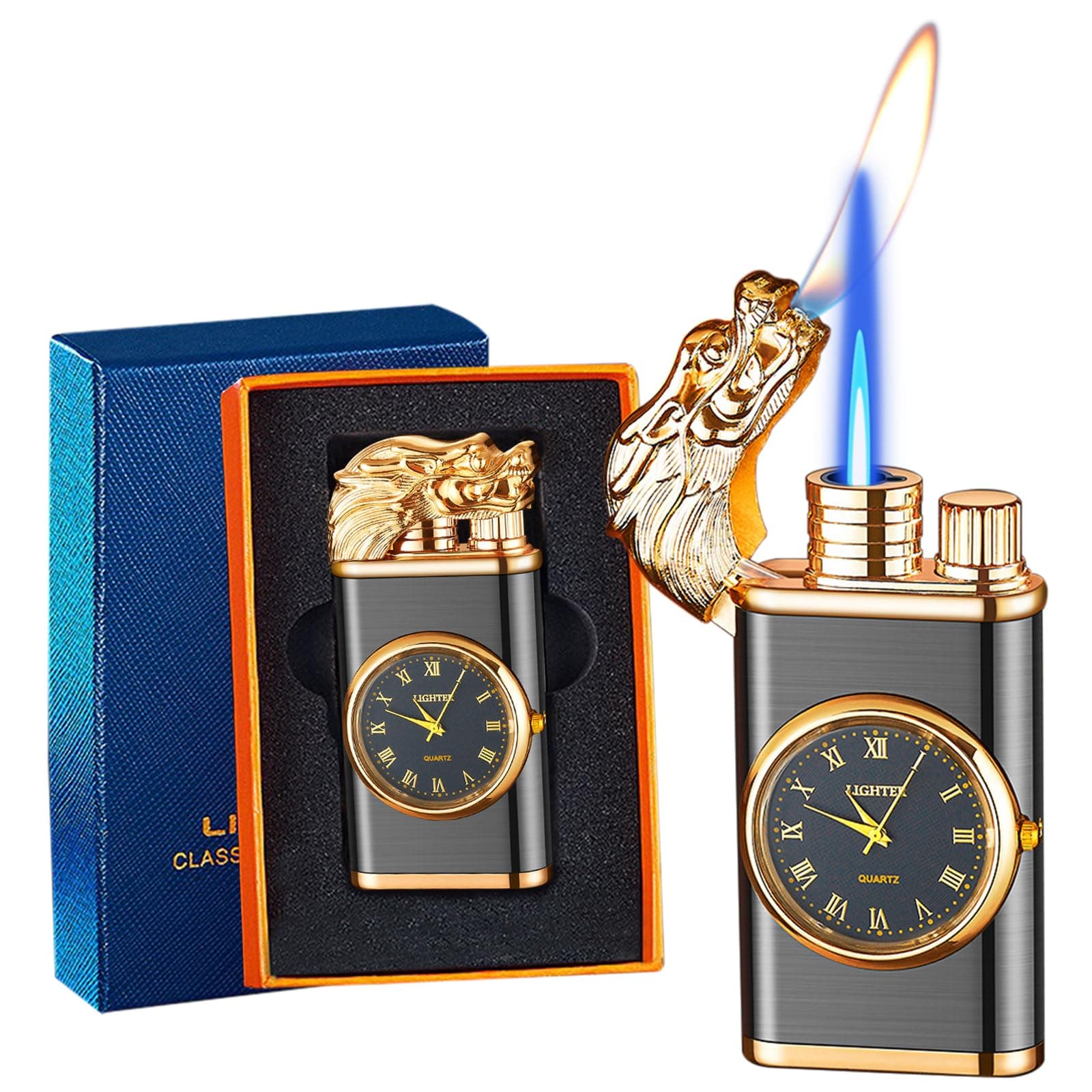 Torch Lighter, Exquisite Relief Dual Flame - Windproof Adjustable Jet Flame and Soft Flame, Refillable Butane Lighter for Candle, BBQ, Kitchen, Camping (Without Butane)-Black D