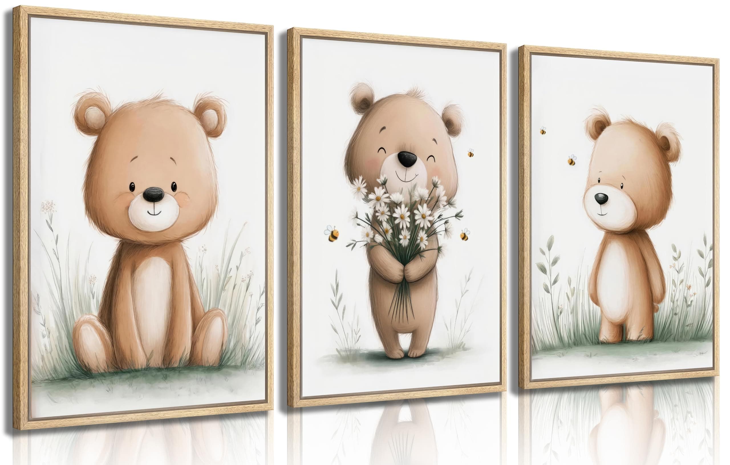 3Pcs Nursery Wall Art Cute Bear Bee Flower Animals Painting Picture Wall Decor Teddy Bear Bohemia Poster Print Artwork For Children Room Baby Room Nursery Boy Room Girl Room Home Decoration