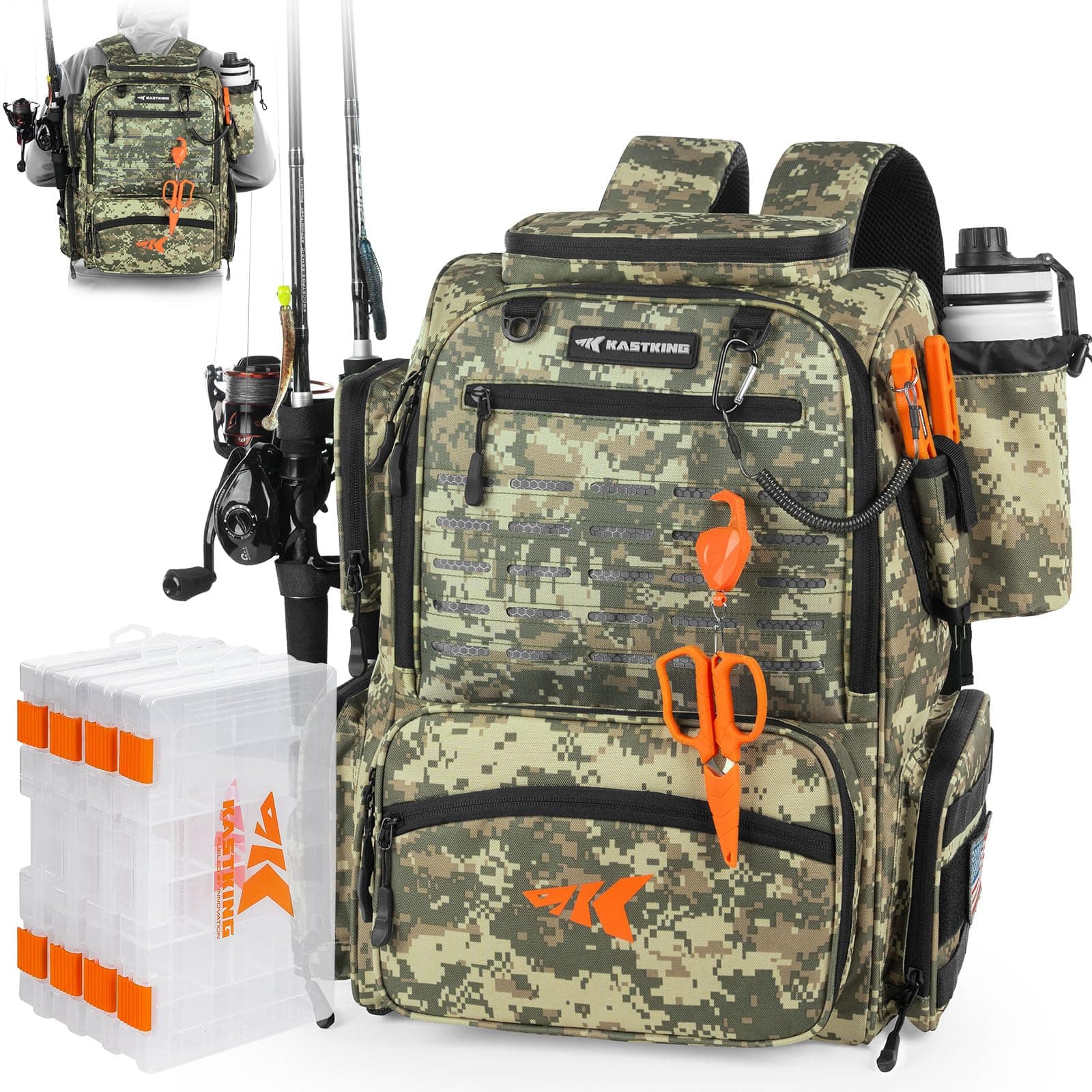 KastKing Bait Boss Fishing Tackle Backpack with Rod Holders-4 Tackle Boxes-Rain Cover,43L Large Storage for Fishing Gear, Dark Green Camouflage