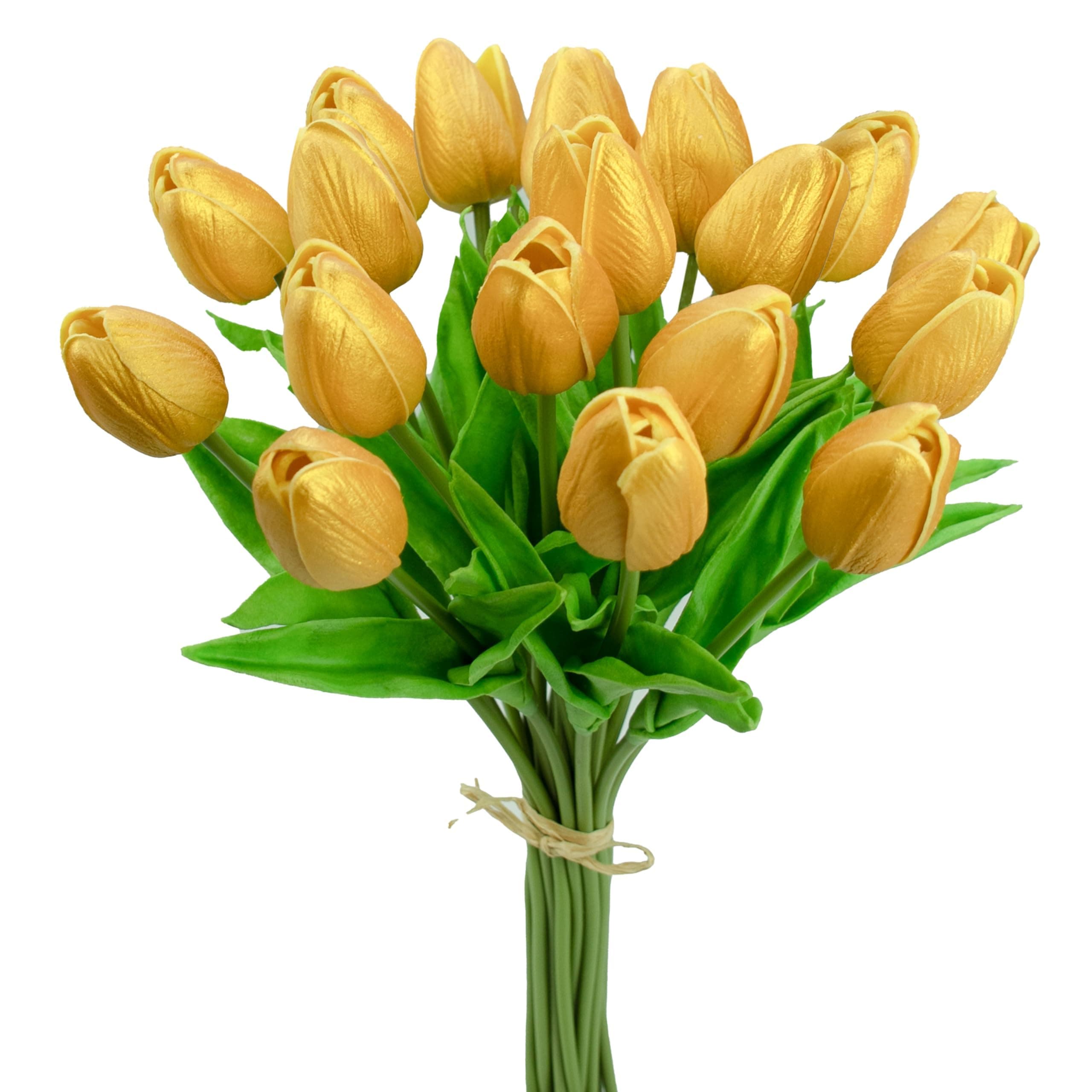 Mandy's 20pcs Gold Flowers Artificial Tulip Silk Fake Fall Flowers 13.5" for Mother's Day Easter Valentine’s Day Gifts in Bulk Home Kitchen Wedding Decorations