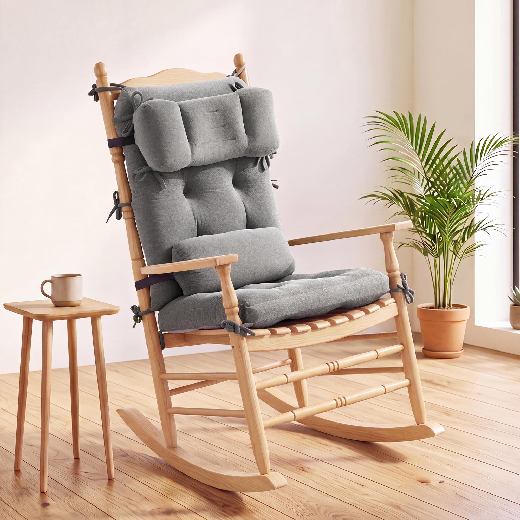 BALAPET 4-Piece Rocking Chair Cushion Set, Soft & Thick Chenille Seat Cushion, High Back Cushion, Neck Pillow & Lumbar Pillow, Non-Slip Bottom and Secure Ties for Indoor Chairs(Gray)