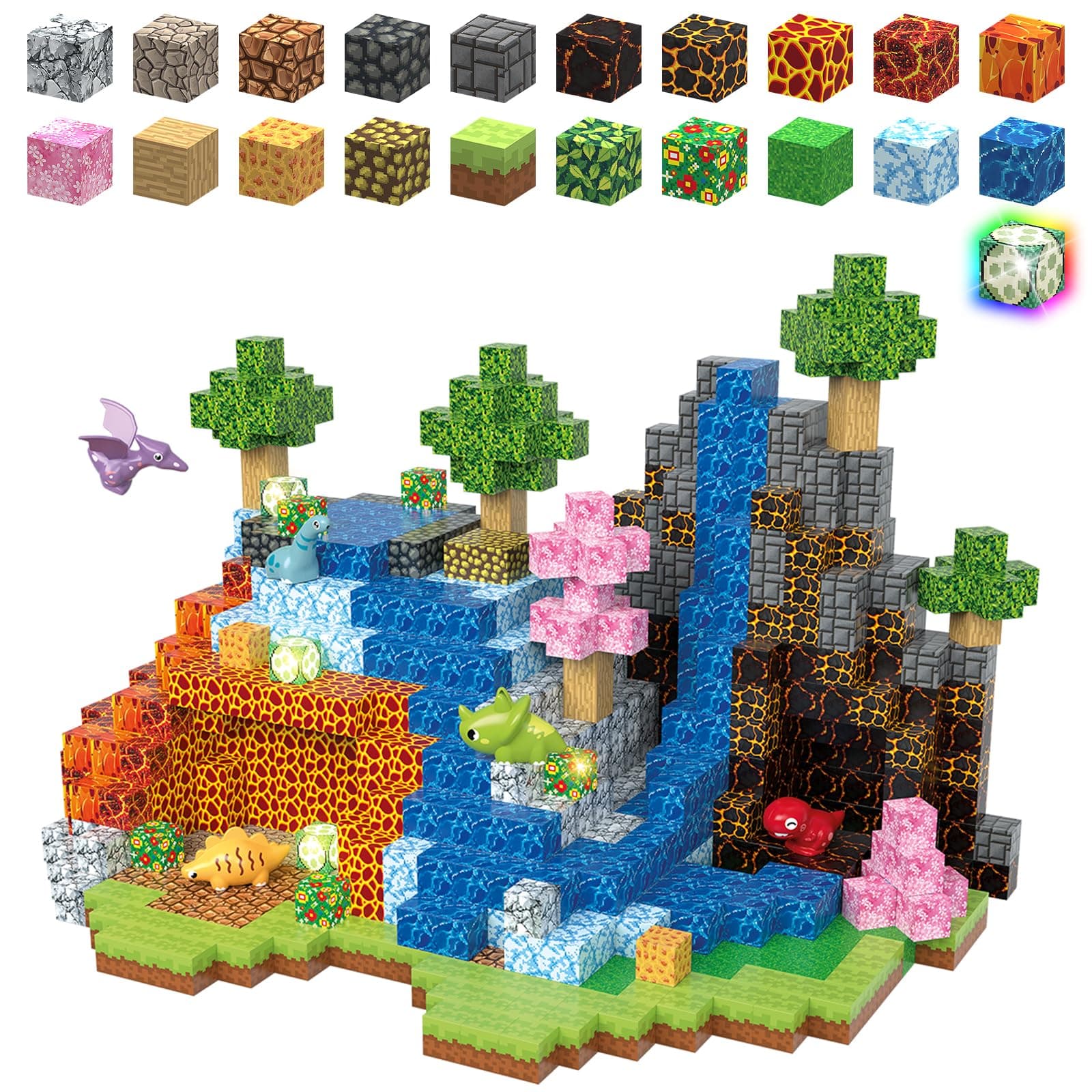 100Pcs Magnetic Blocks Dinosaur Building Set, 1 Inch Magnet Blocks Building Toy Set Magnet Constructions Stacking Sensory STEM Toys for Toddler Boys Girls Christmas Birthday(No Dino Figures Included)