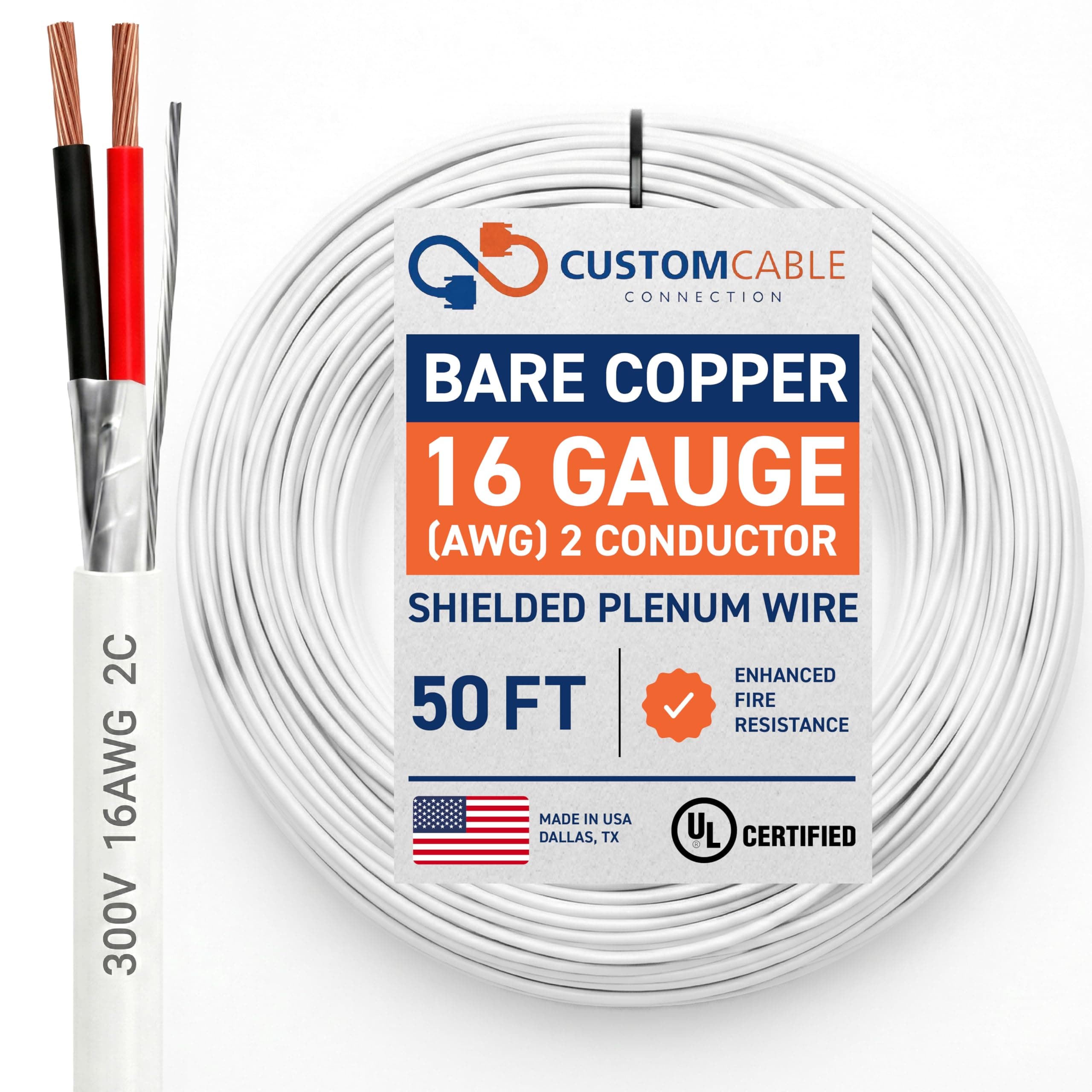 16 Gauge Wire (16 AWG) – 2 Conductor Stranded Copper Shielded Cable – 16/2 Home Electrical Wire – Low Voltage Up to 300V – CMP/CL3P Low Smoke Plenum Jacket – USA Made (50ft - White)