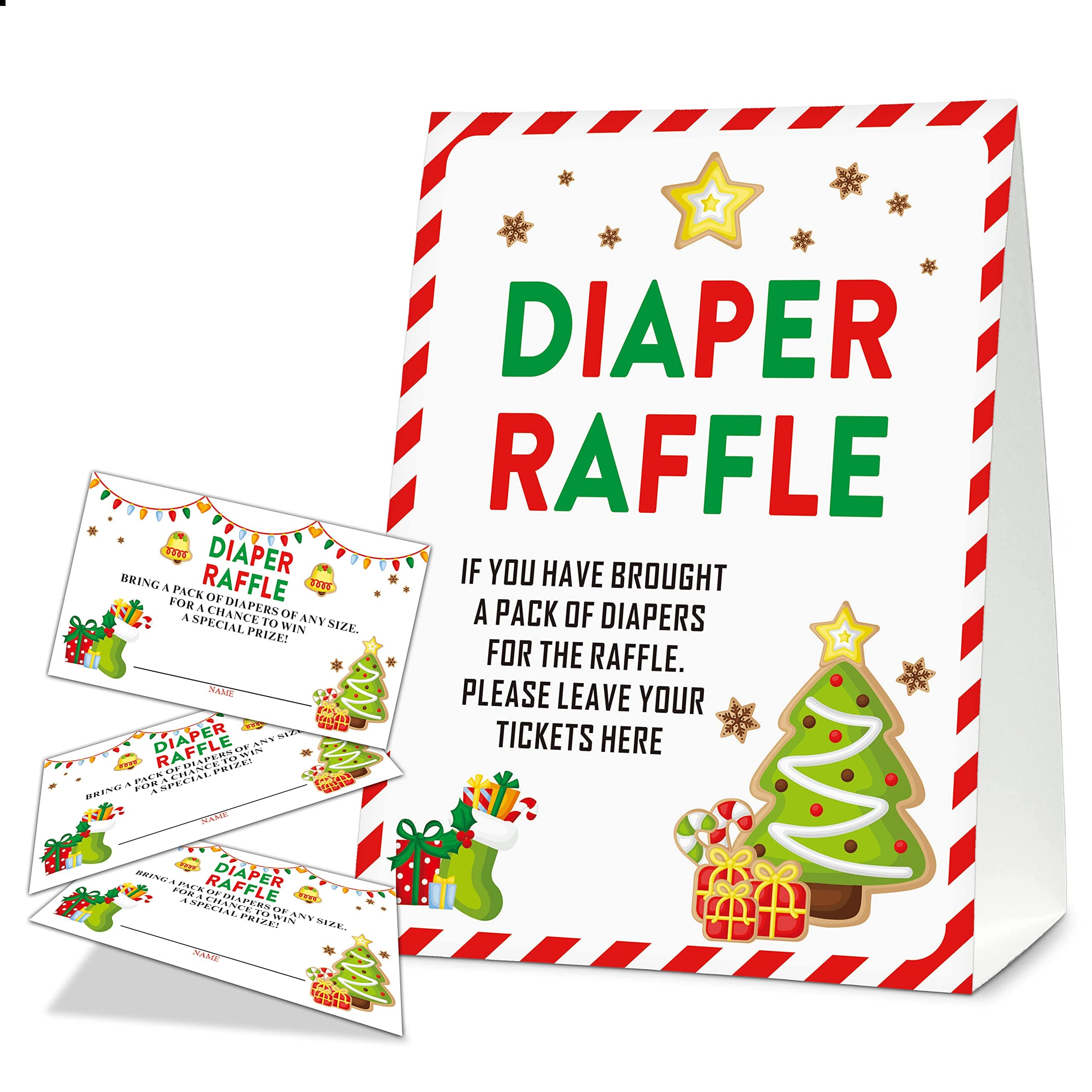 Christmas Diaper Raffle Game Sign and Card, Christmas Baby Shower Party Game Set, 1 Sign With 50 Raffle Tickets –LK-015