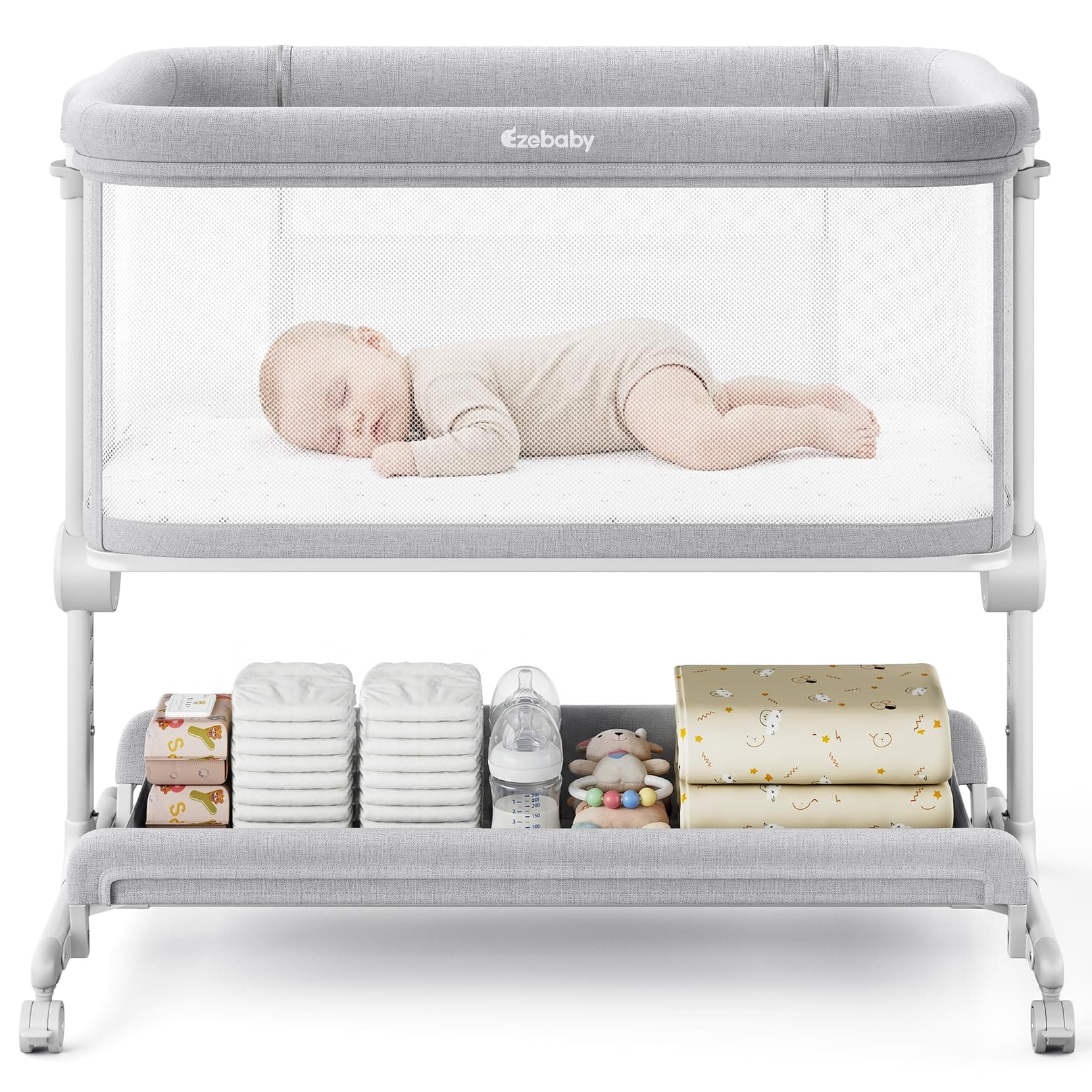 Ezebaby Baby Bassinets Bedside Sleeper, Portable Bedside Bassinet for Baby Newborn Infants with Adjustable 7 Heights and All Mesh Sides, Newborn Crib with Mattress and Soft, Breathable Sheet