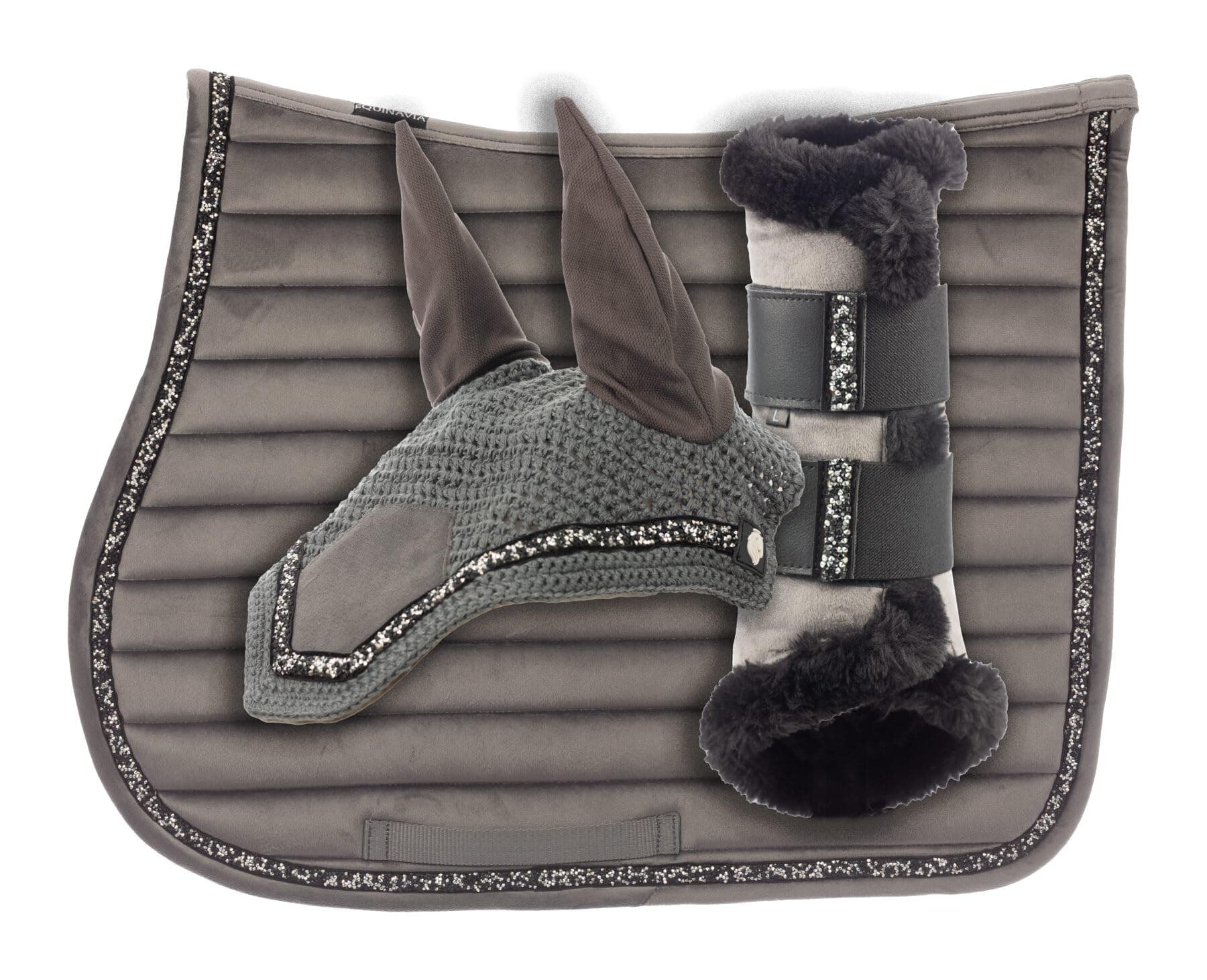 Equinavia Arendal Matching English Riding Horse Set | All Purpose Saddle Pad, Brushing Boots, and Ear Bonnet - Grey/Silver - Horse