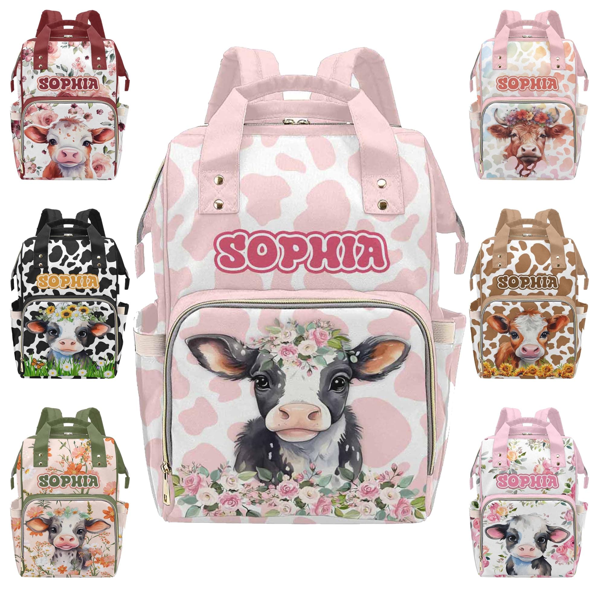 InterestPrint Custom Diaper Bag Backpack for Mom Cute Cow Personalized Name Large Nappy Nursing Orangizer Mommy Bags, Waterproof Travel Daypack for Dad Mom Gifts