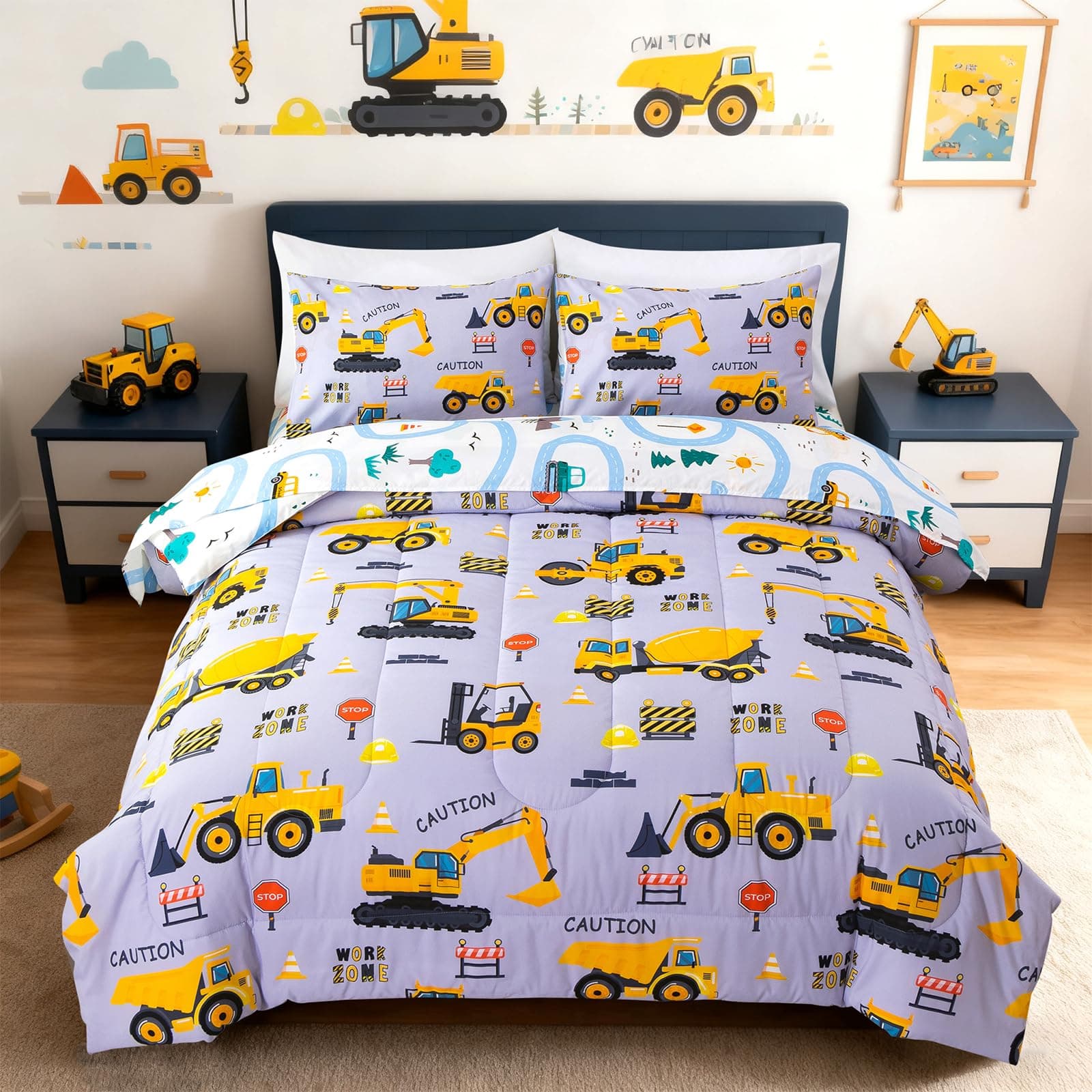 Holawakaka Boys Construction Truck Comforter Set with Sheets 5 Pieces