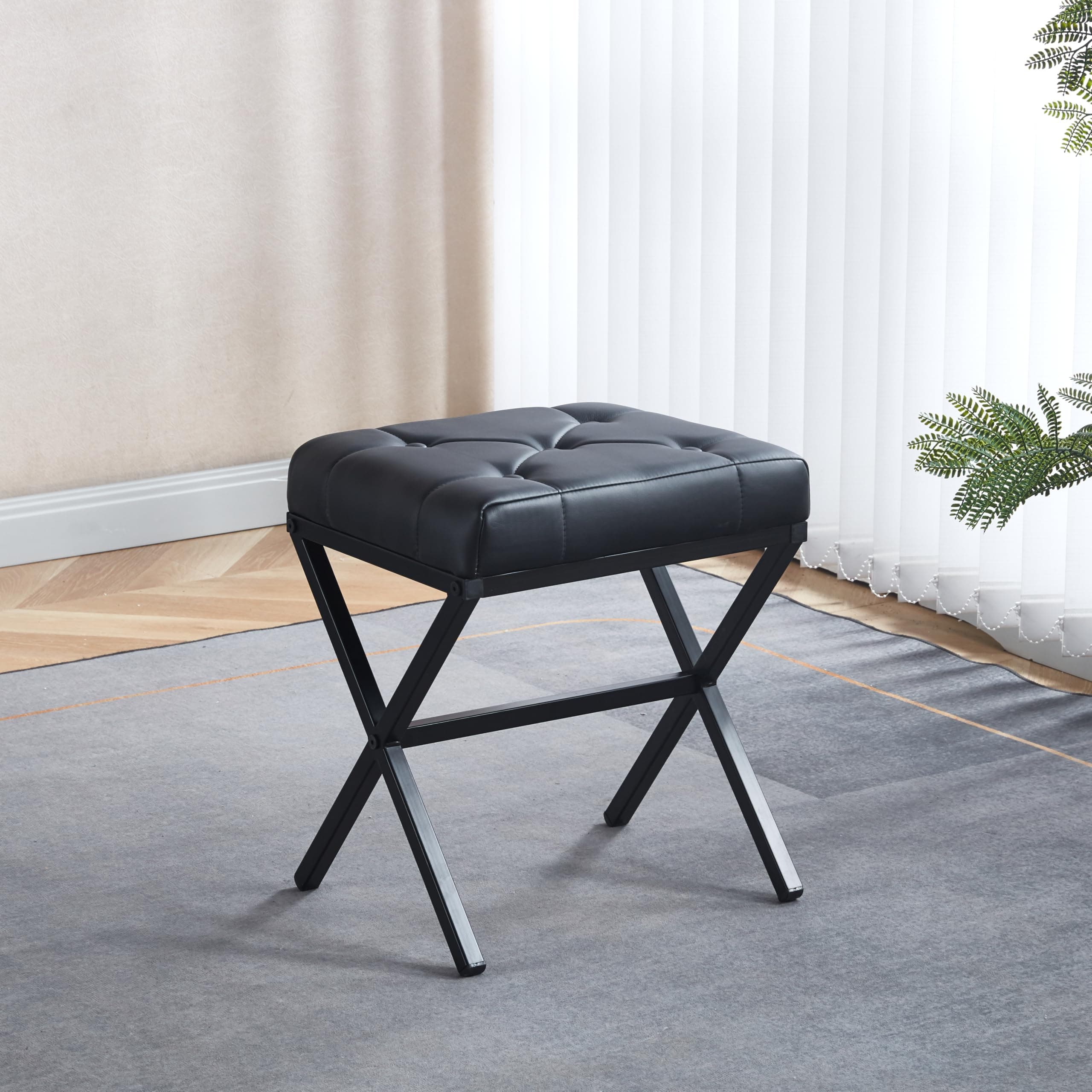 Tufted Faux Leather Shoe Bench with Sturdy Metal X-Legs, Soft Padded Seat, Versatile Entryway Seating for Canadian Homes, Modern Upholstered Bench for Bedroom, Living Room, Mudroom, Black