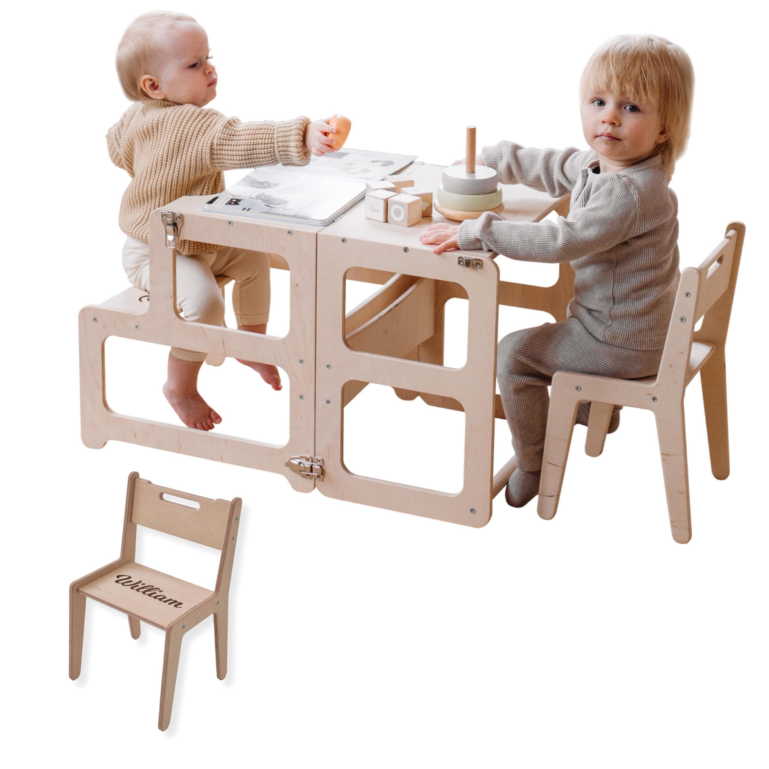 Kitchen Tower, Toddler Tower, Montessori Kitchen Tower, Kitchen Stool, Montessori Furniture, Activity Tower (Gray, With Extra Chair)
