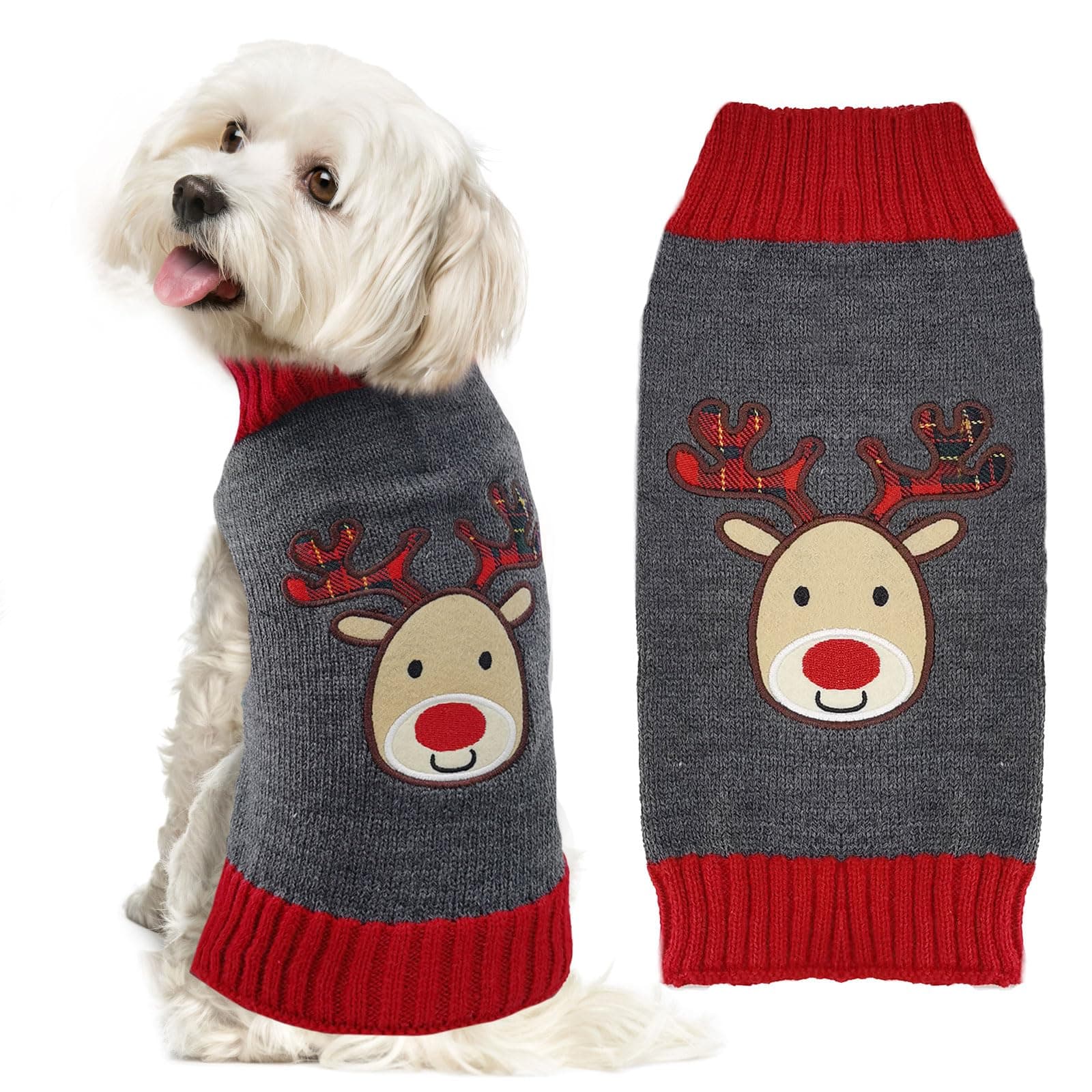 DOGGYZSTYLE Dog Christmas Sweater Xmas Pet Clothes Cute Gray Reindeer Holiday Puppy Cat Costume New Year Gifts for Small Medium Large Dogs Jumpers (L, Gray Reindeer)