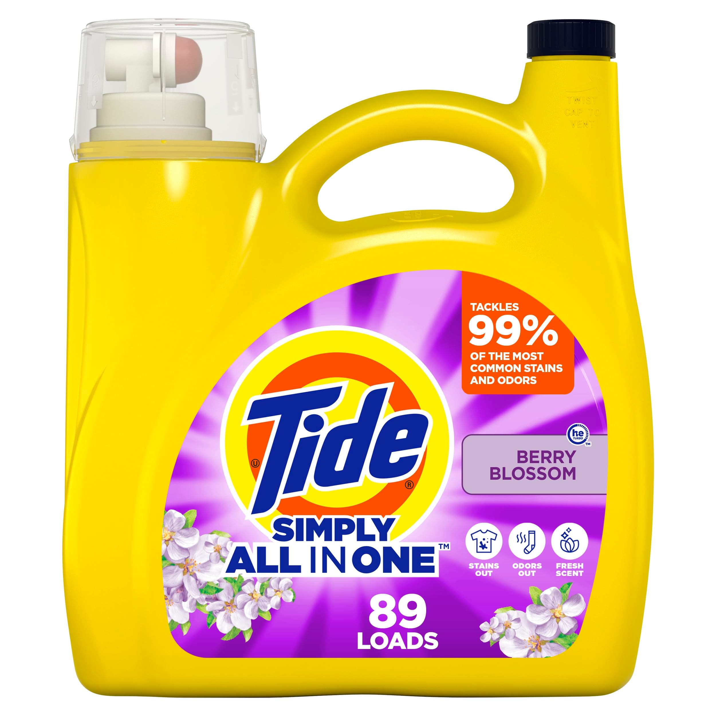 Tide Simply All-In-One Liquid Laundry Detergent, Berry Blossom Scent, 89 Loads, 112 fl oz