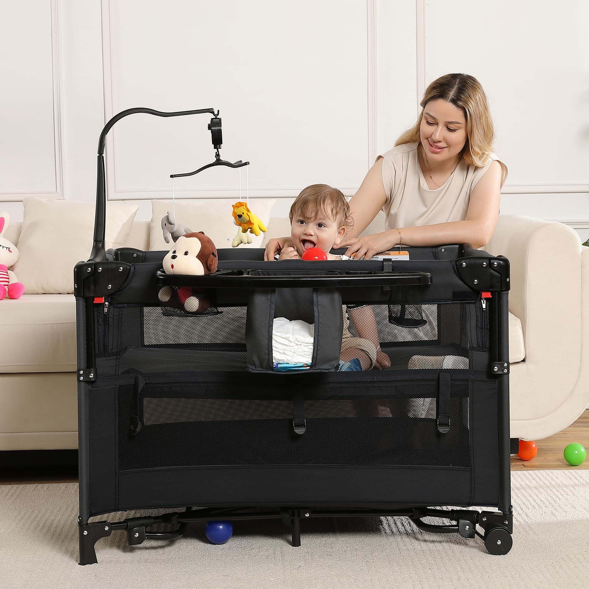 4 in 1 Pack and Play, Portable Travel Baby Bassinet, Foldable Travel Playard Playpen for Toddler, Bedside Crib Sleeper, Diaper Changer Table, Baby Playard for Newborn (Black)