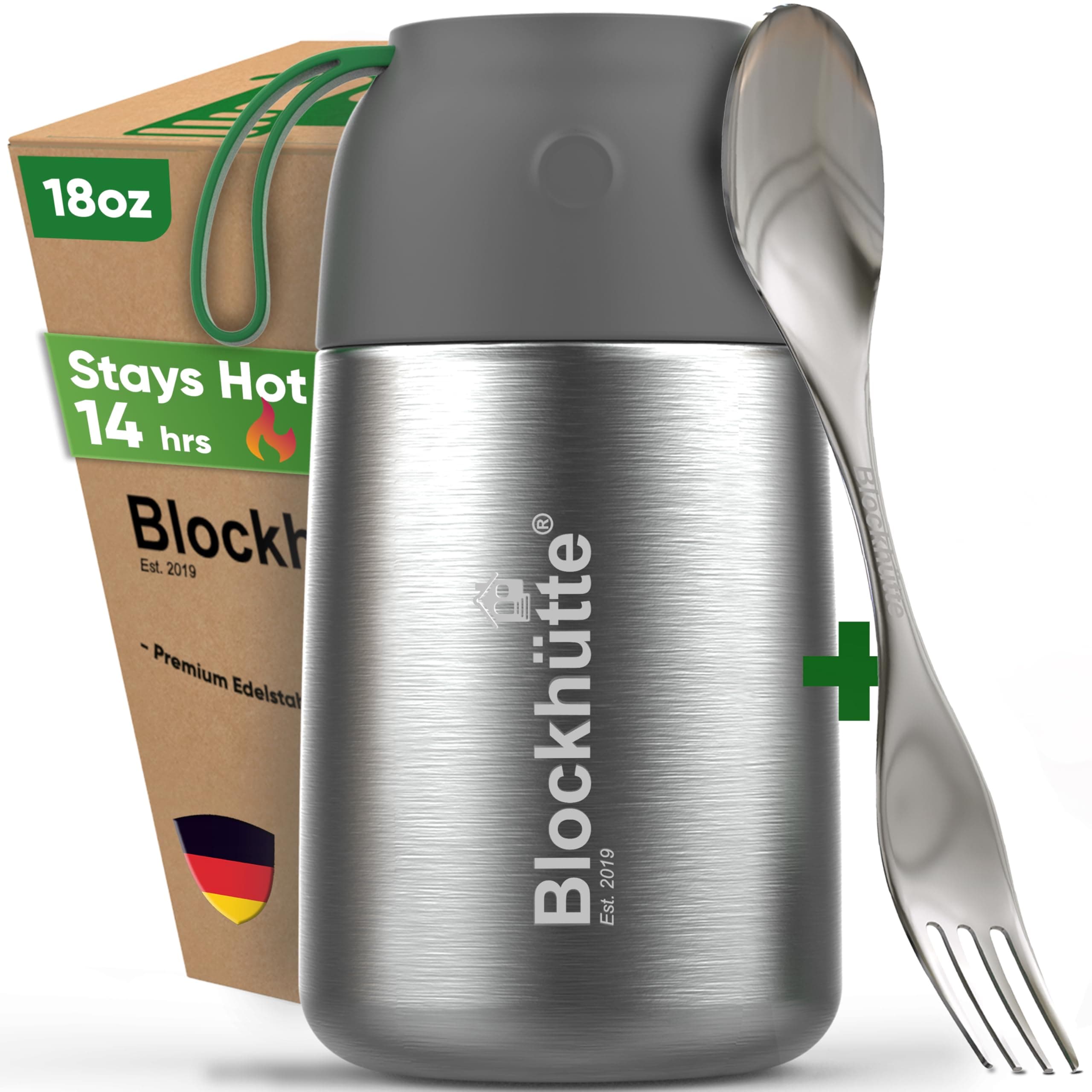 Blockhütte Insulated Food Jar 18oz – Vacuum Insulated Stainless Steel Food Container with BlockShield Technology | 14h Hot & 19h Cold | Leak-Proof Soup Thermal Lunchbox with Spork | BPA-Free