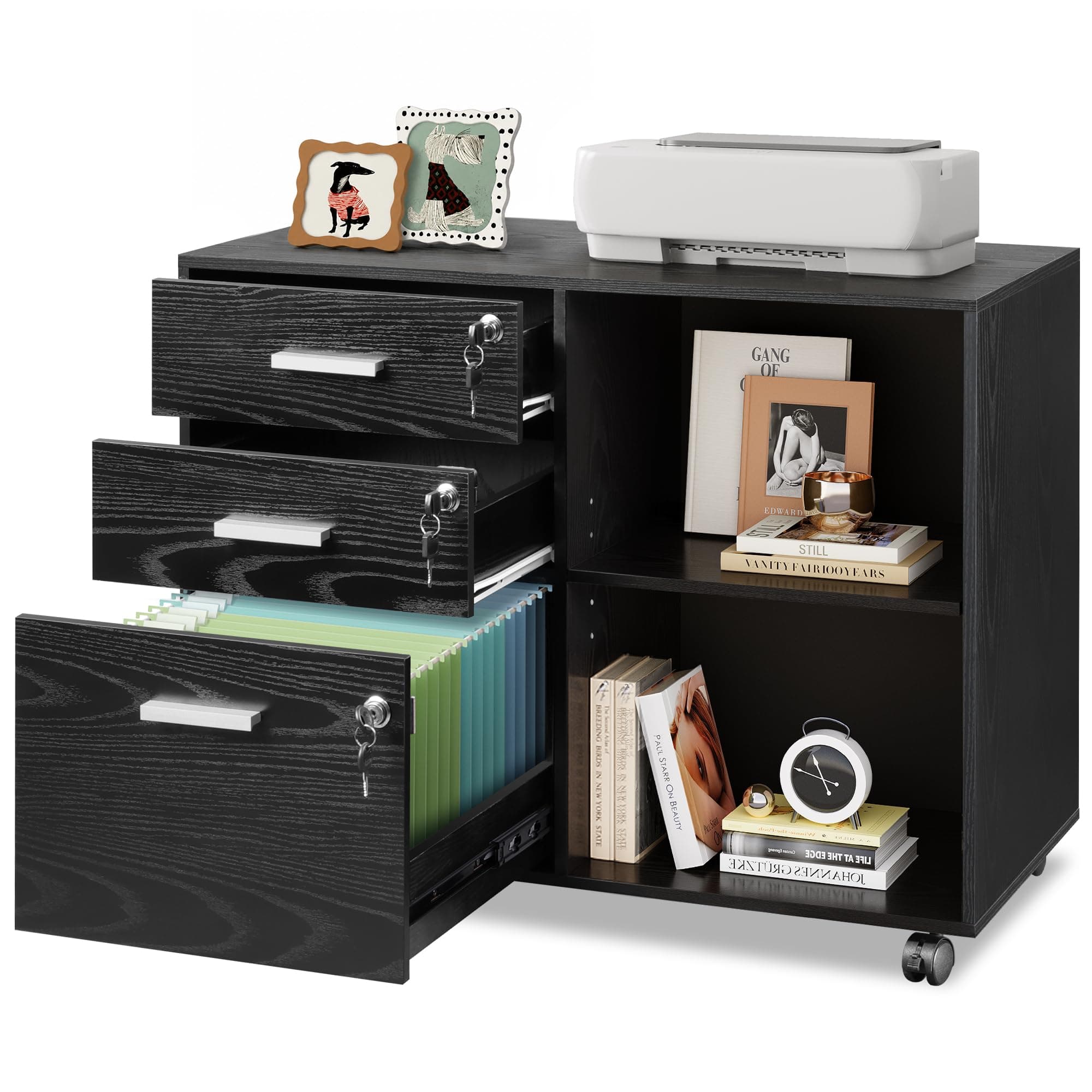 DEVAISE 3-Drawer File Cabinet with Lock, Mobile Wood Filing Cabinet, Black