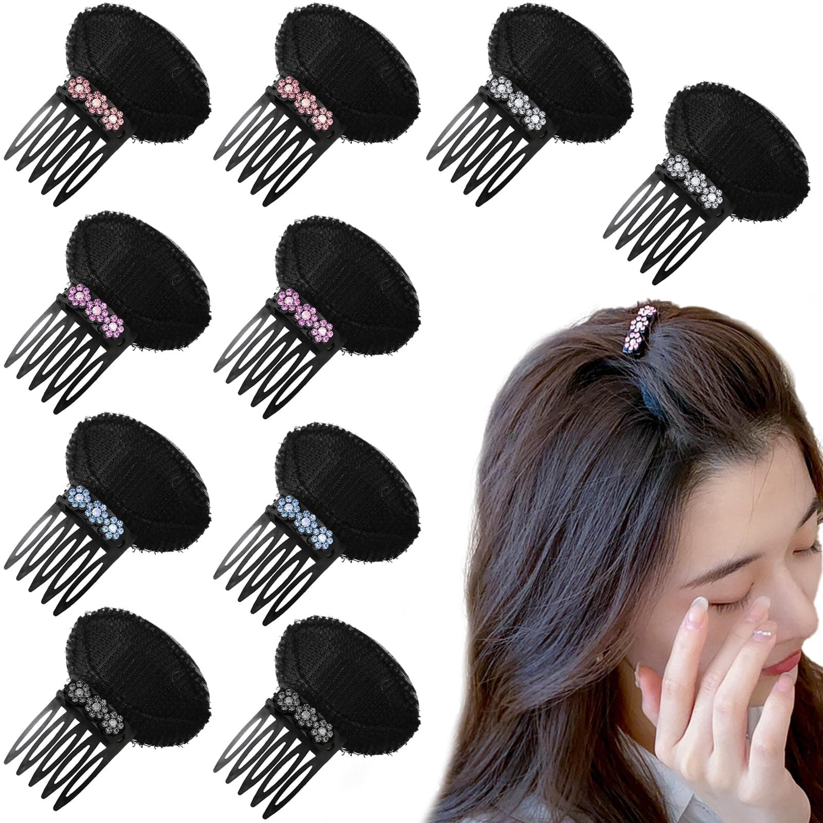 10 Pcs Rhinestone Flower Hair Volumizing Clips with Sponge Inserts for Puffy, Voluminous Hairstyles
