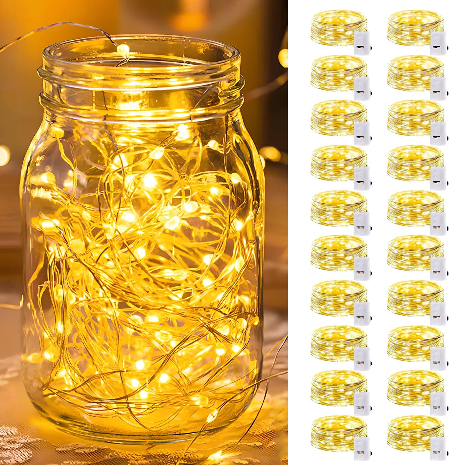 20 Pack LED Fairy Lights Battery Operated,3 Features 7FT 20 LED Waterproof Mini Twinkle String Lights for Wedding Mason Jars Party Christmas Decorations(Warm White)