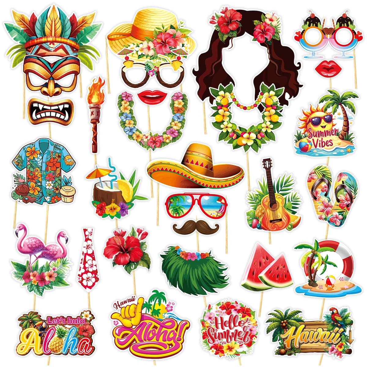 30PCS Luau Party Decorations Photo Booth Props Kit, Hawaiian/Tropical/Tiki/Summer Pool/Beach Birthday Wedding Party Supplies