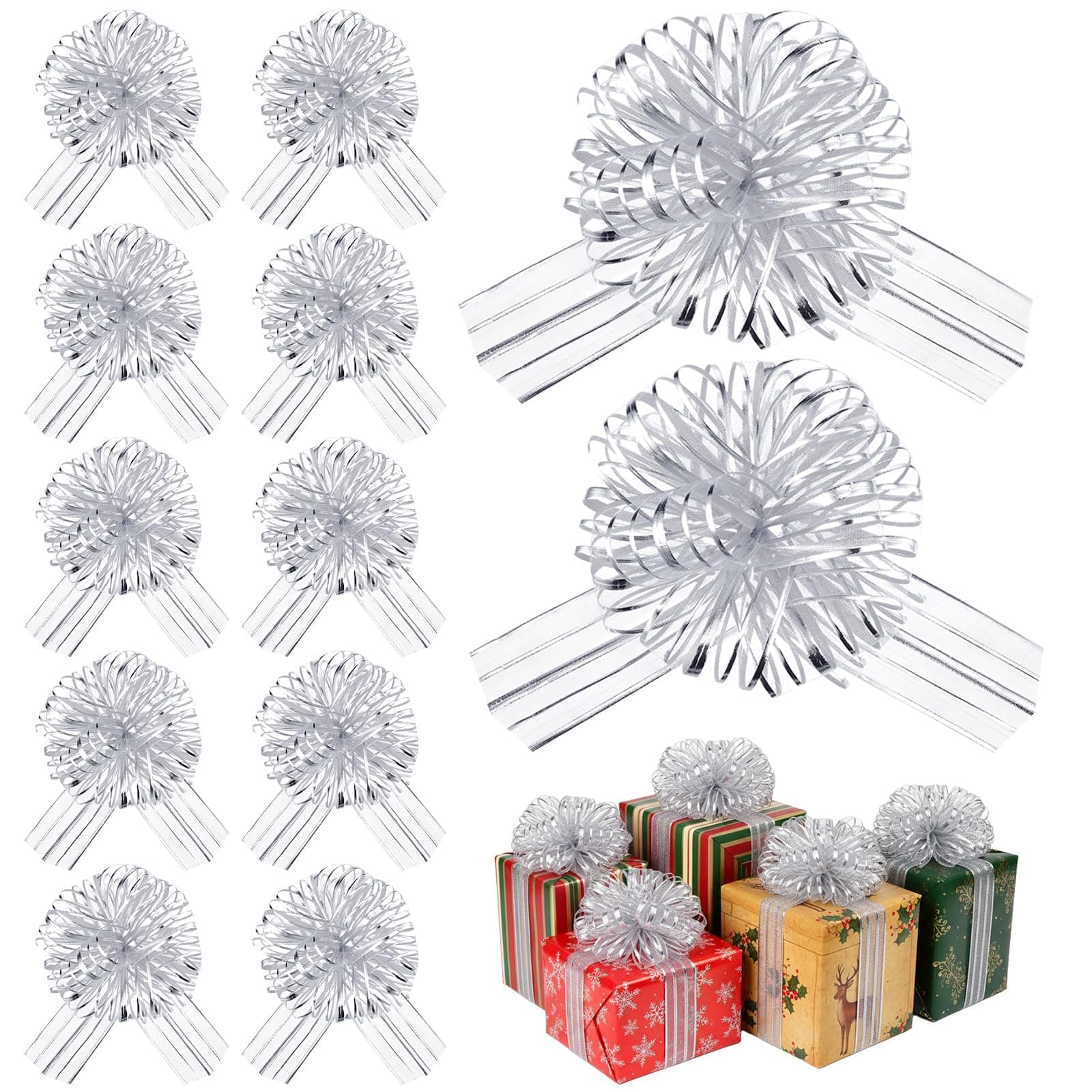 Poen 12 Pieces Large Pull Bow Christmas Presents Gift Wrapping Organza Pull Bows with Ribbon for Christmas Presents Wedding Gift Wrapping Baskets(8 Inch,Silver)