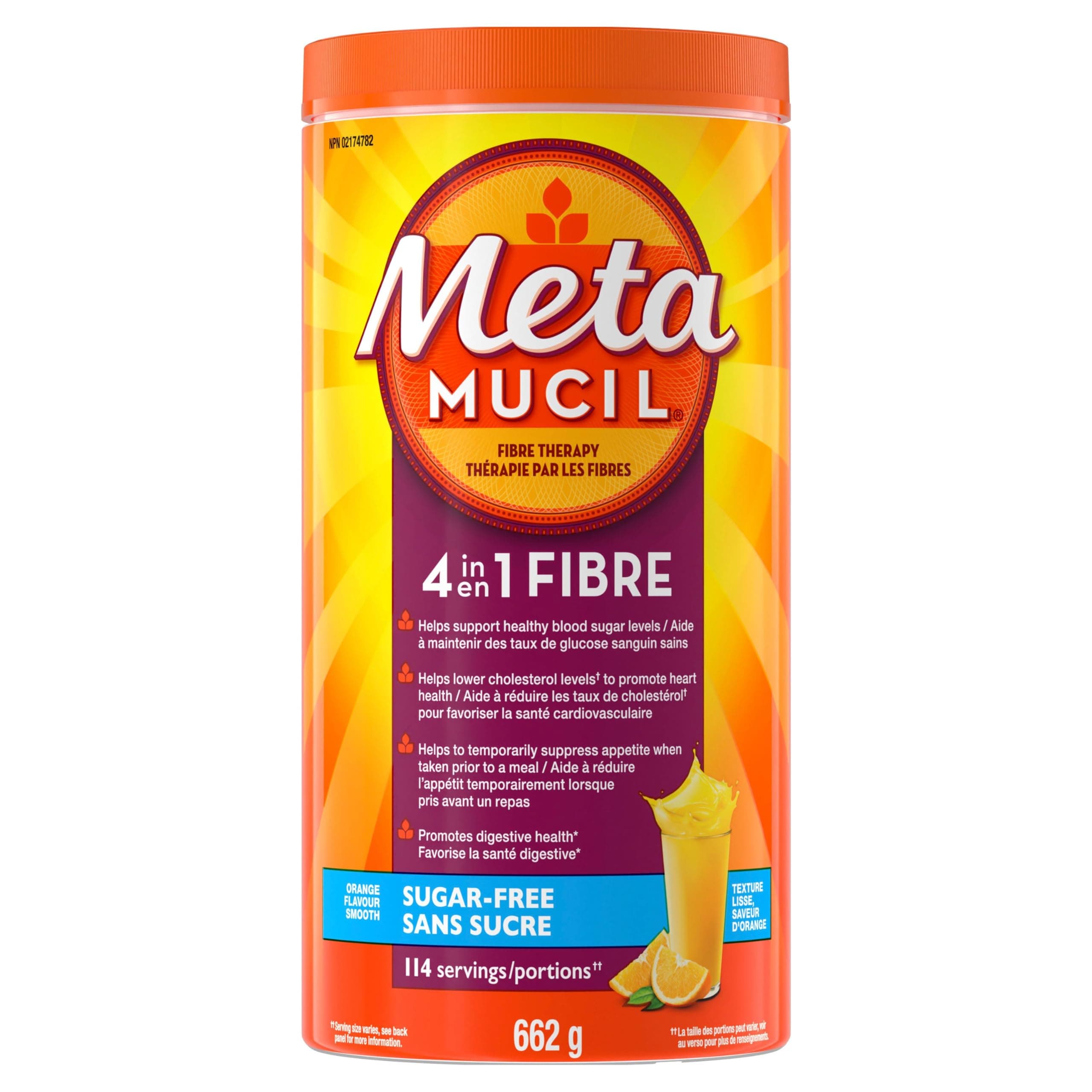 Metamucil Daily Fibre Supplement, Sugar Free, Orange Flavour Psyllium Husk, Multi-Health Benefit Daily Fibre Supplement, Plant-Based, Gluten-Free Powder, 114 Servings
