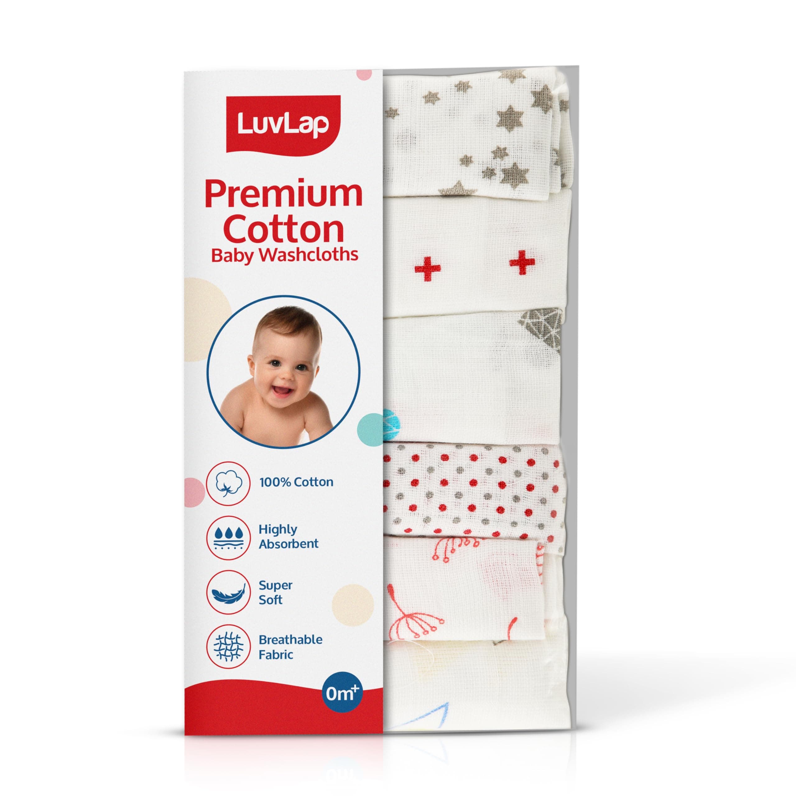 LuvLap Muslin Cotton Cloth Premium Baby Washcloth for New Born, Washable, Reusable, Absorbent, Extra Soft Face Towels/Washcloth for Babies, Dots, Hearts Print, Pack of 6 Pcs, Multicolour