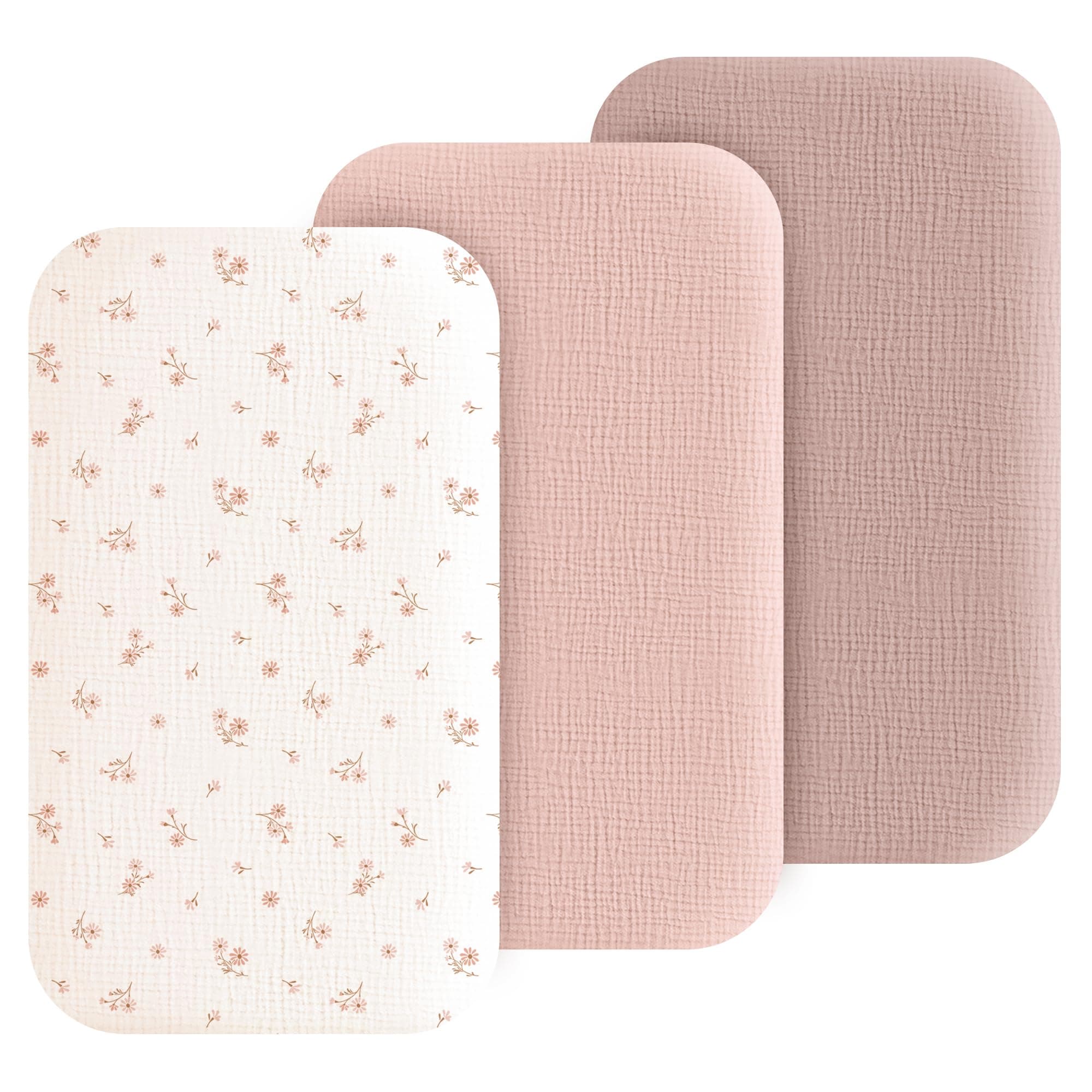 Coreeky 3 Pack Cotton Muslin Baby Bassinet Fitted Sheet for Bedside Sleeper