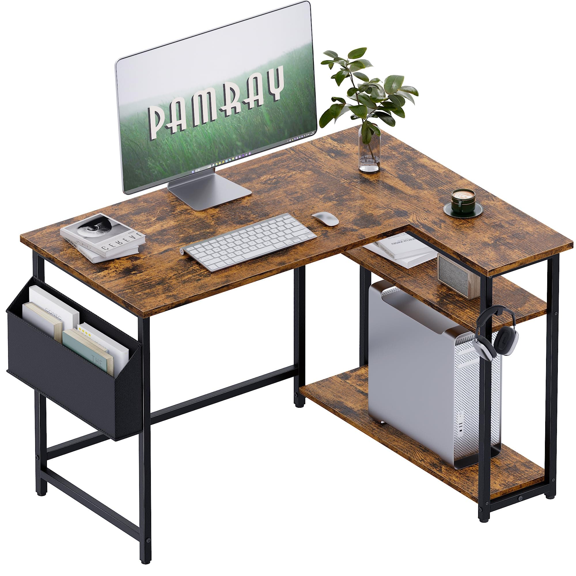 Pamray 40 Inch L Shaped Computer Desk with Reversible Side Storage Shelves, Small Corner Desk for Small Space Home Office, Writing Study Table PC Desk for Bedroom, Vintage