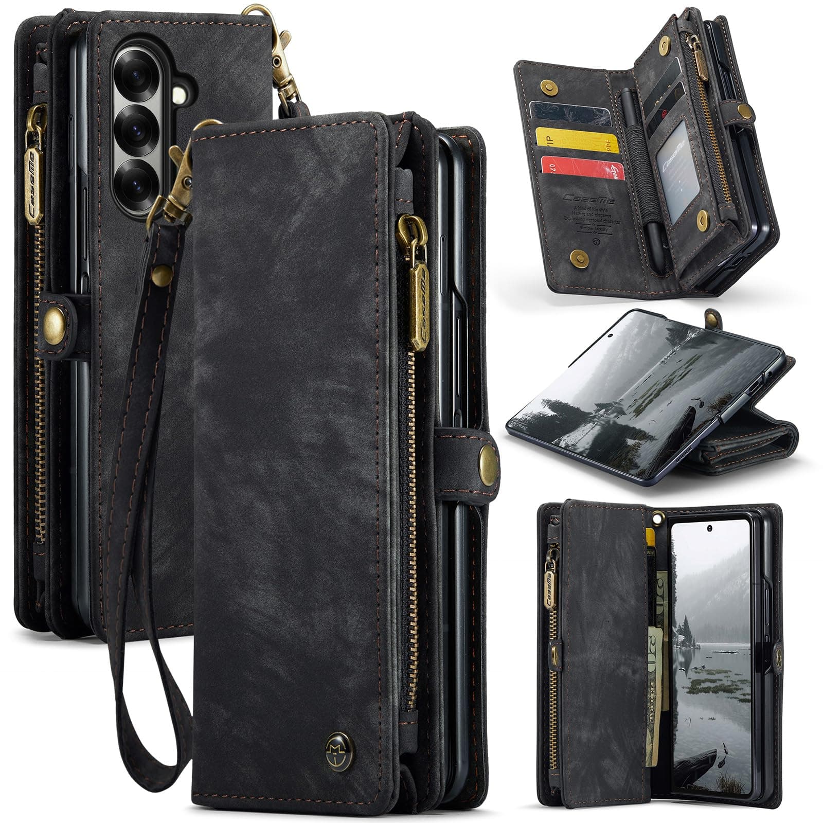 Kowauri for Samsung Galaxy Z Fold 7 Case, Zipper Purse Magnetic Folio Leather Wallet Case with S Pen Holder Wrist Strap Card Holder Shockproof Protective Cover for Samsung Galaxy Z Fold 7 5G (Black)