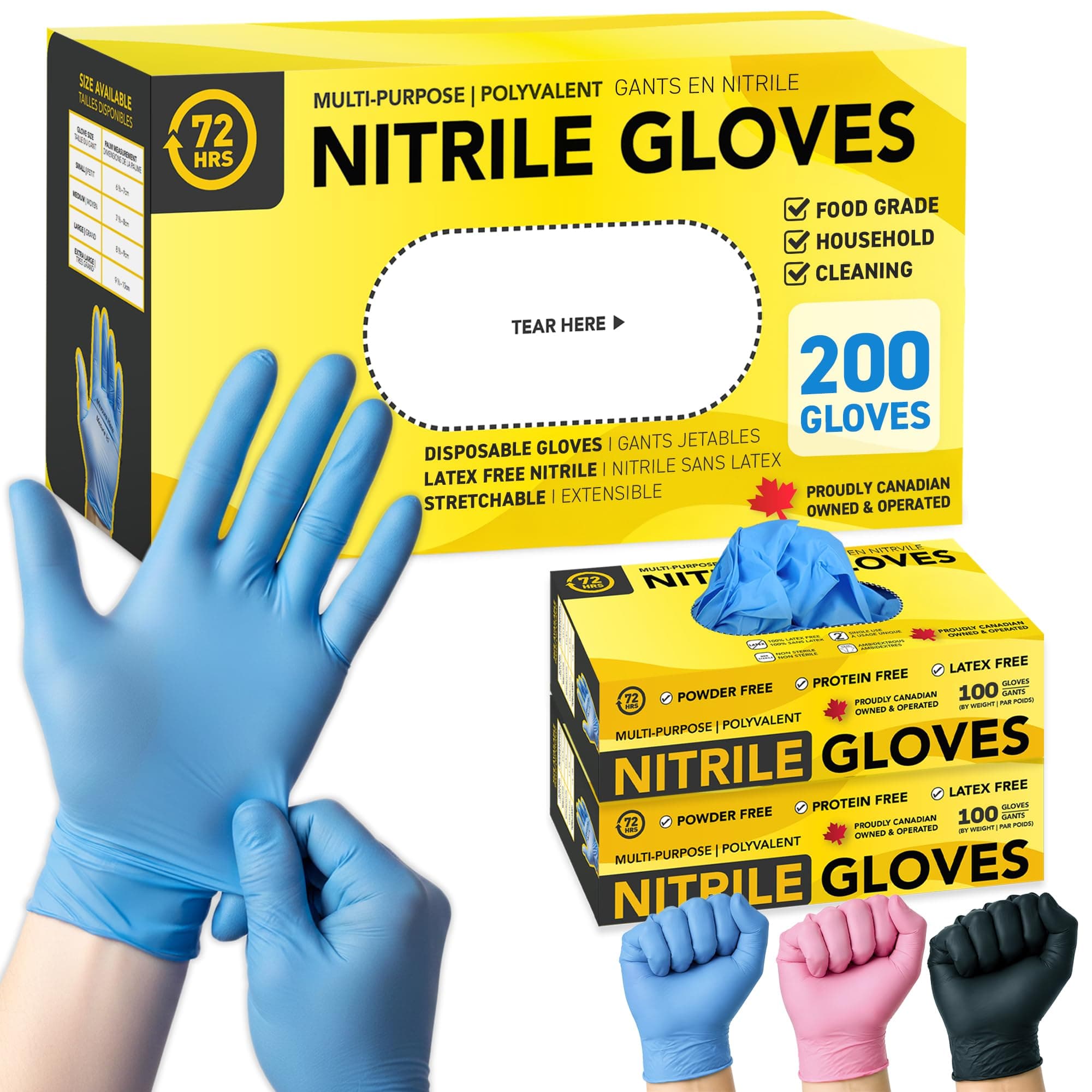 72HRS Blue Nitrile Gloves - 4 Mil Disposable Gloves (200 Pieces, Small)
