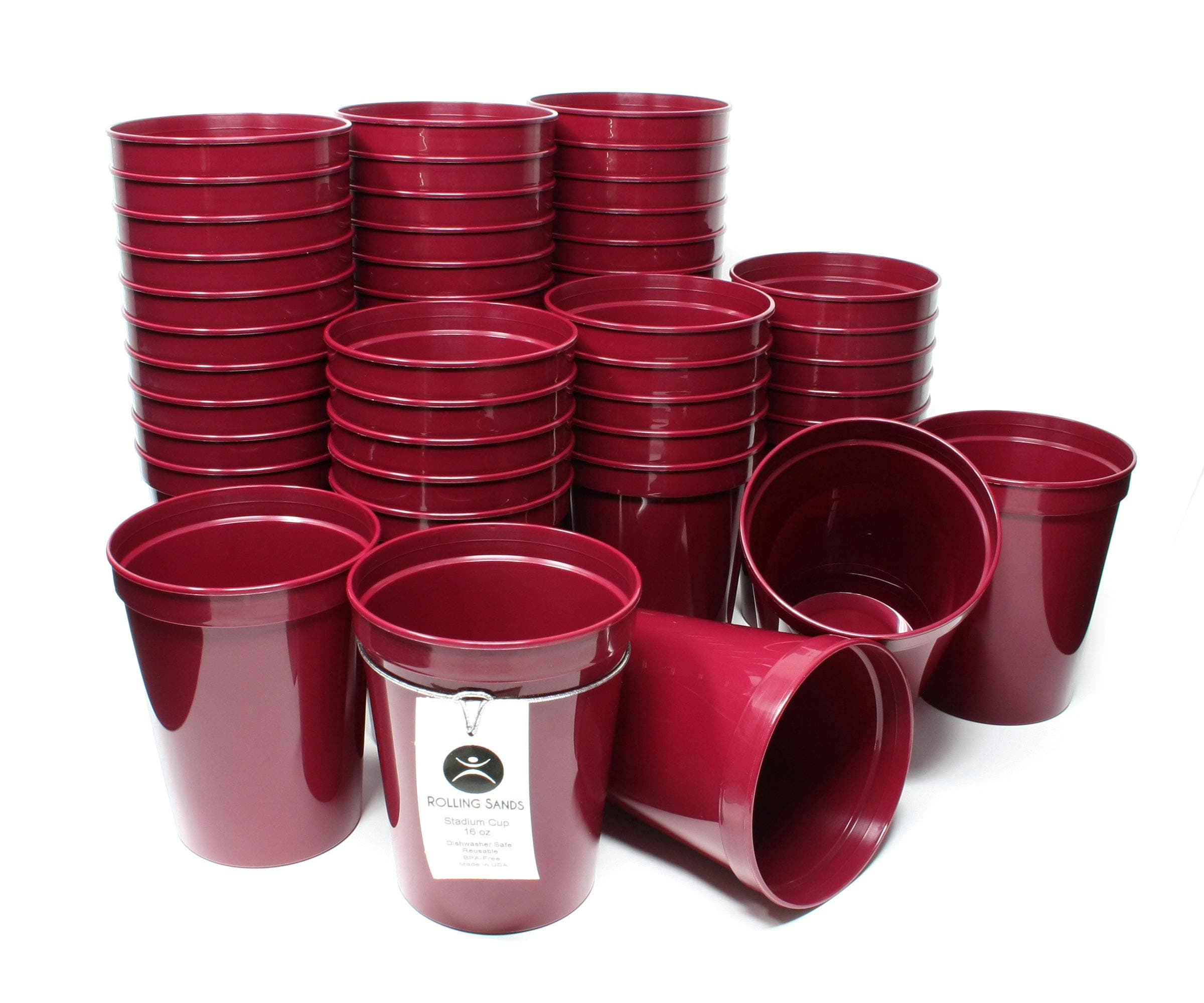 Rolling Sands 16 Ounce Reusable Plastic Stadium Cups Maroon, Bulk 50 Pack, Made in USA, BPA-Free Dishwasher Safe Plastic Tumblers and Bottle Opener