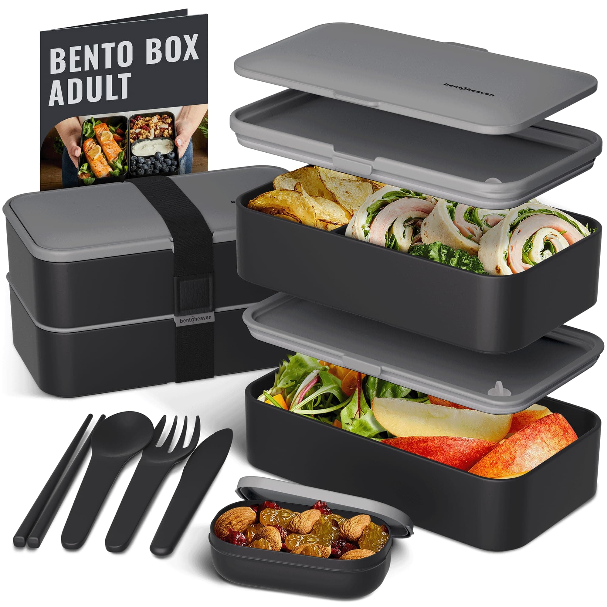 Bentoheaven Bento Box Adult, Stackable Lunch Box, 40 oz, Whispering Gray