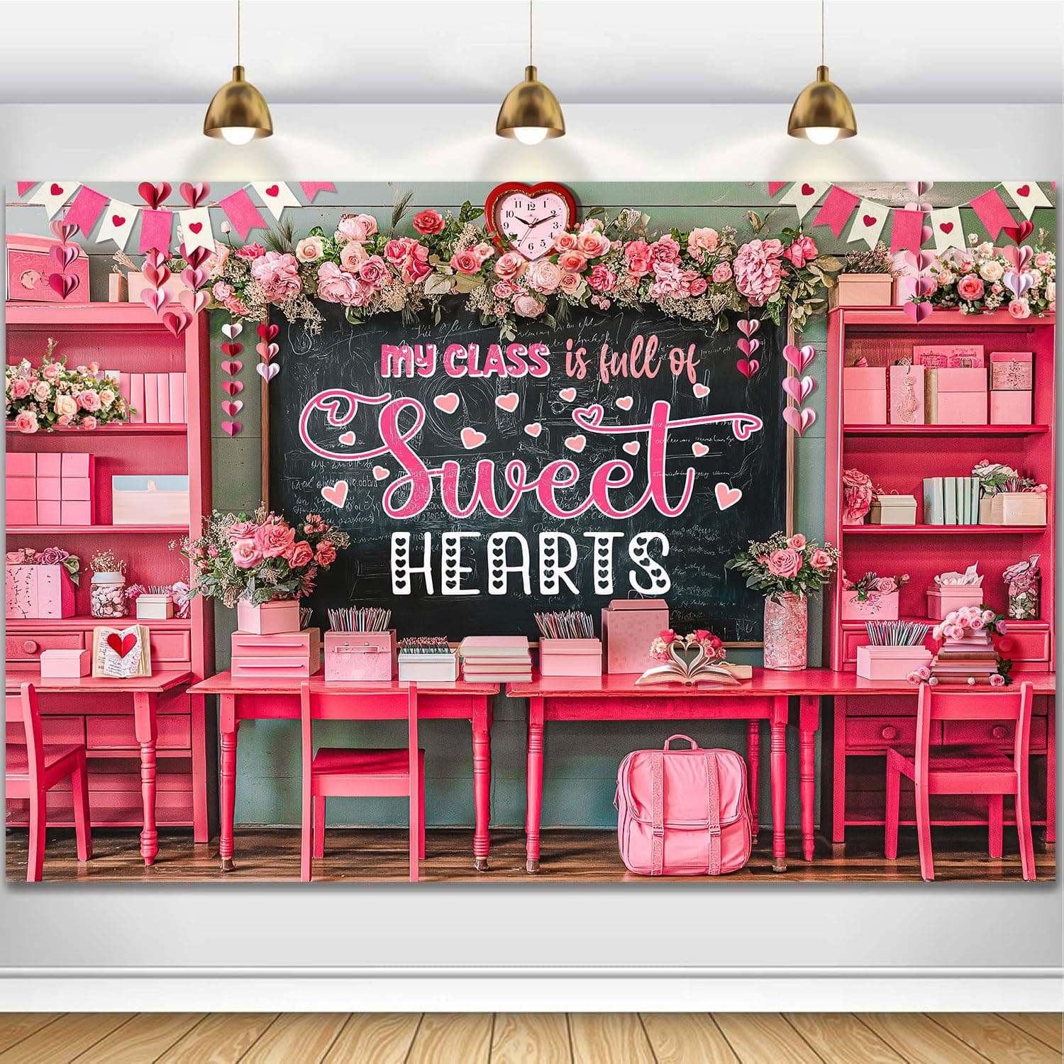 HANSHUAI Vintage Classroom Backdrop Red Bookcase Chalkboard Photography Background My Class is Full of Sweethearts Hearts Theme Decor Banner Portrait Photo Booth Studio Props 7x5ft FU038YL